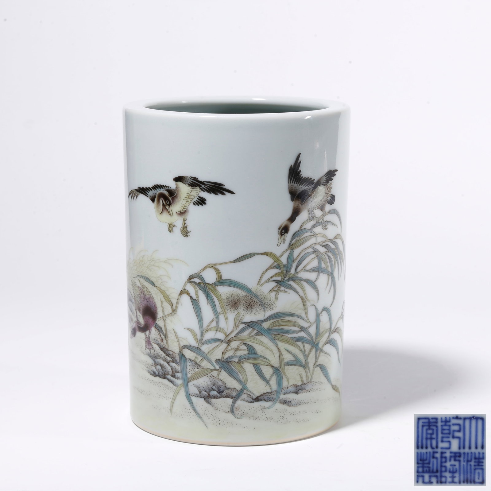 A FAMILLE ROSE BRUSH POT WITH REED AND WILD GOOSE PATTERN: Famille Rose Brush Pot with Reed and Wild Goose Pattern