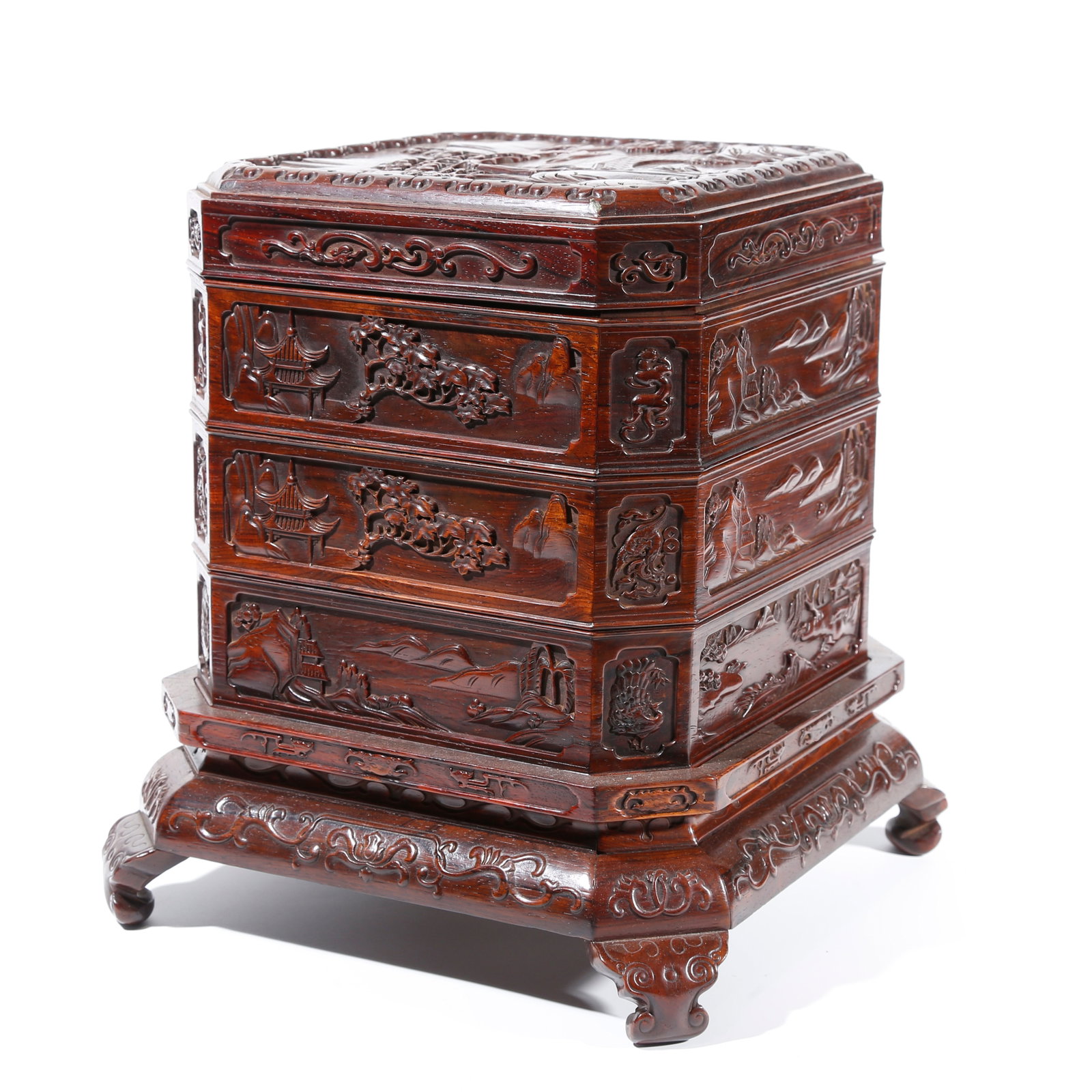 A LANDSCAPE PATTERN MULTI-LAYER COVERED BOX IN HUANGHUALI WOOD CARVING (1 of 10)