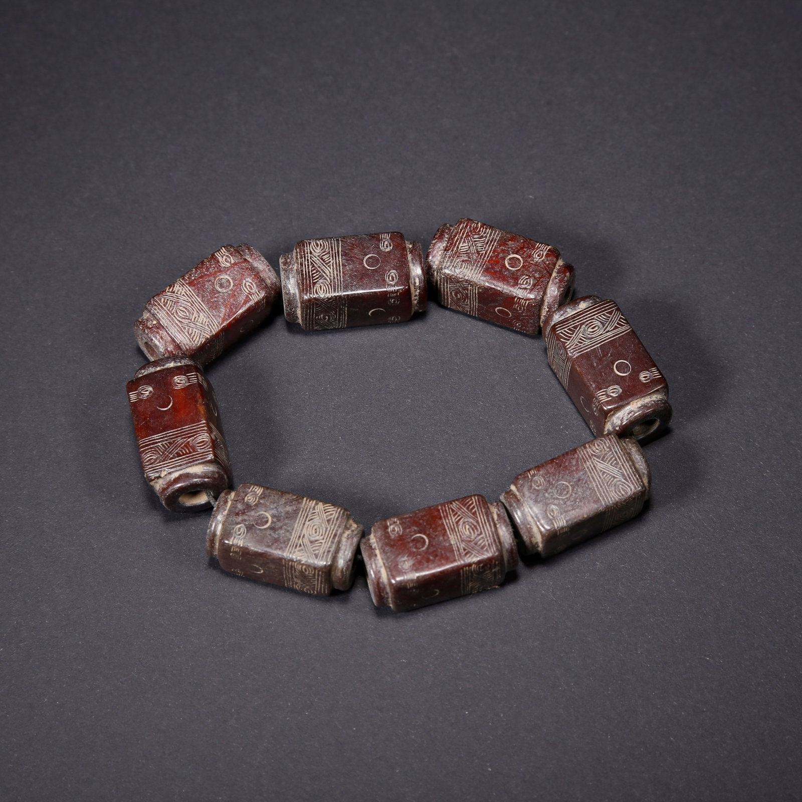 A CONG-SHAPED CARVED ANCIENT JADE BRACELET BEADS (1 of 10)