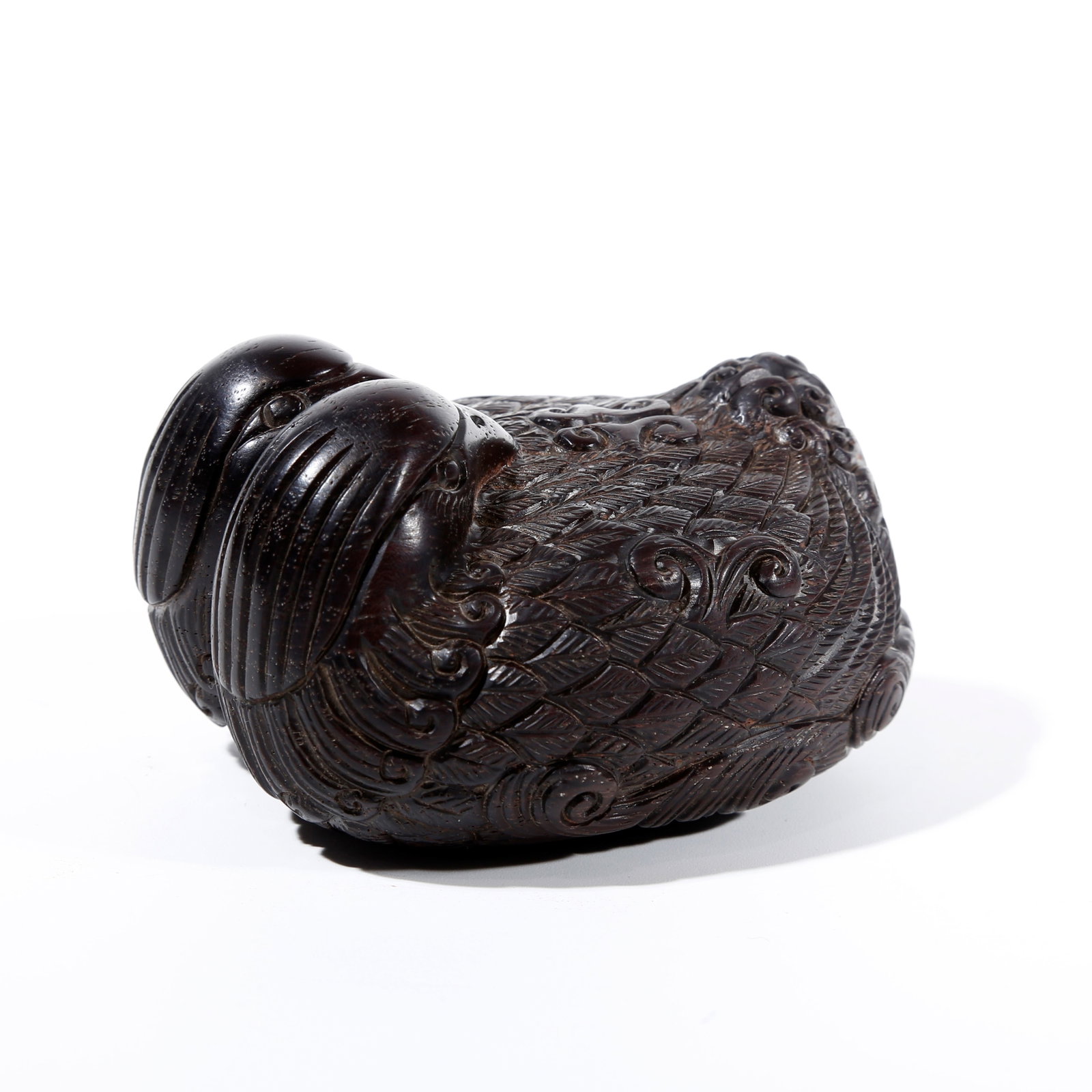 A MANDARIN DUCK-SHAPED ORNAMENT IN RED SANDALWOOD CARVING (1 of 9)