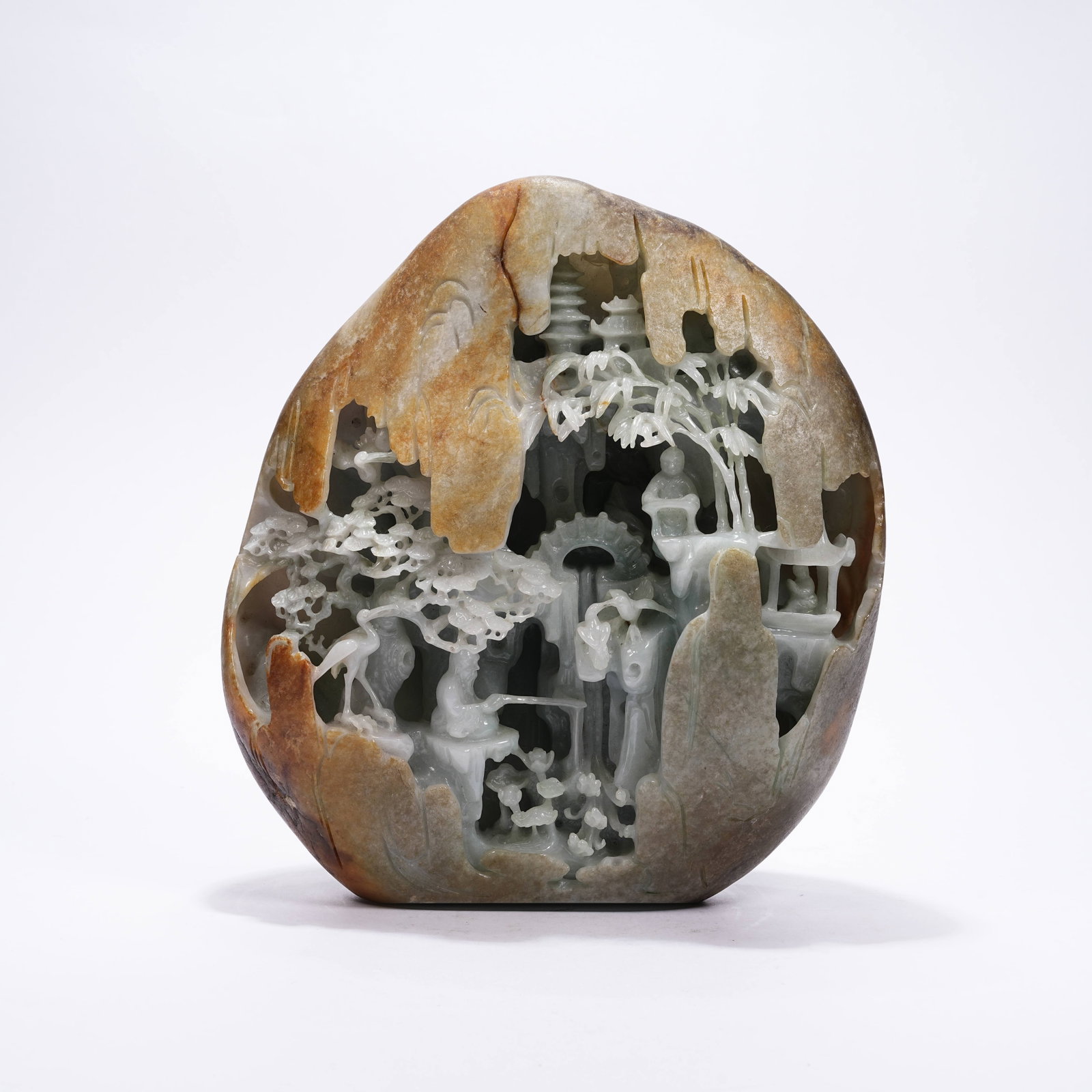 A HETIAN JADE RAW STONE MOUNTAIN ORNAMENT CARVED WITH LANDSCAPE, PAVILIONS AND FIGURES (1 of 10)