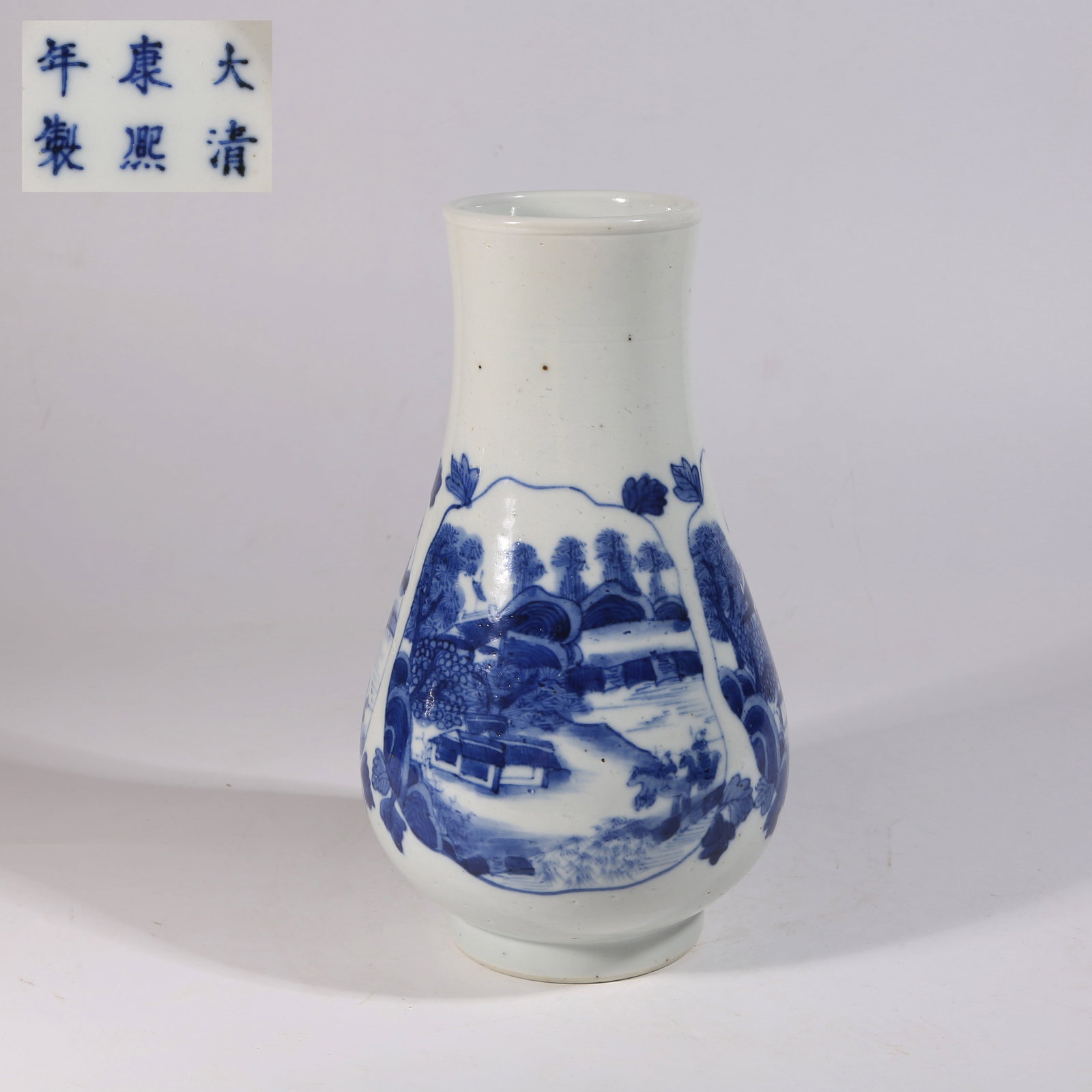 A BLUE-AND-WHITE PIPA-SHAPED WINE VESSEL WITH LANDSCAPE DESIGN (1 of 9)