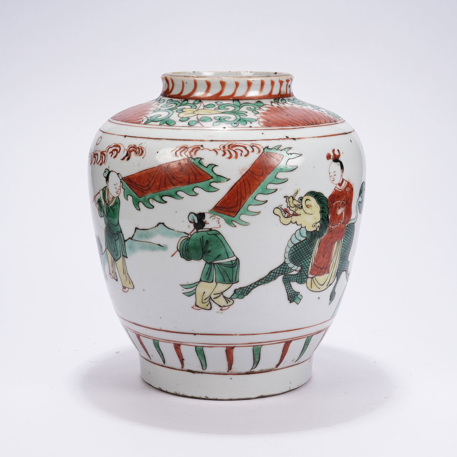 A RED AND GREEN GLAZE JAR WITH FIGURE STORY MOTIFS: Red and Green Glaze Jar with Figure Story Motifs