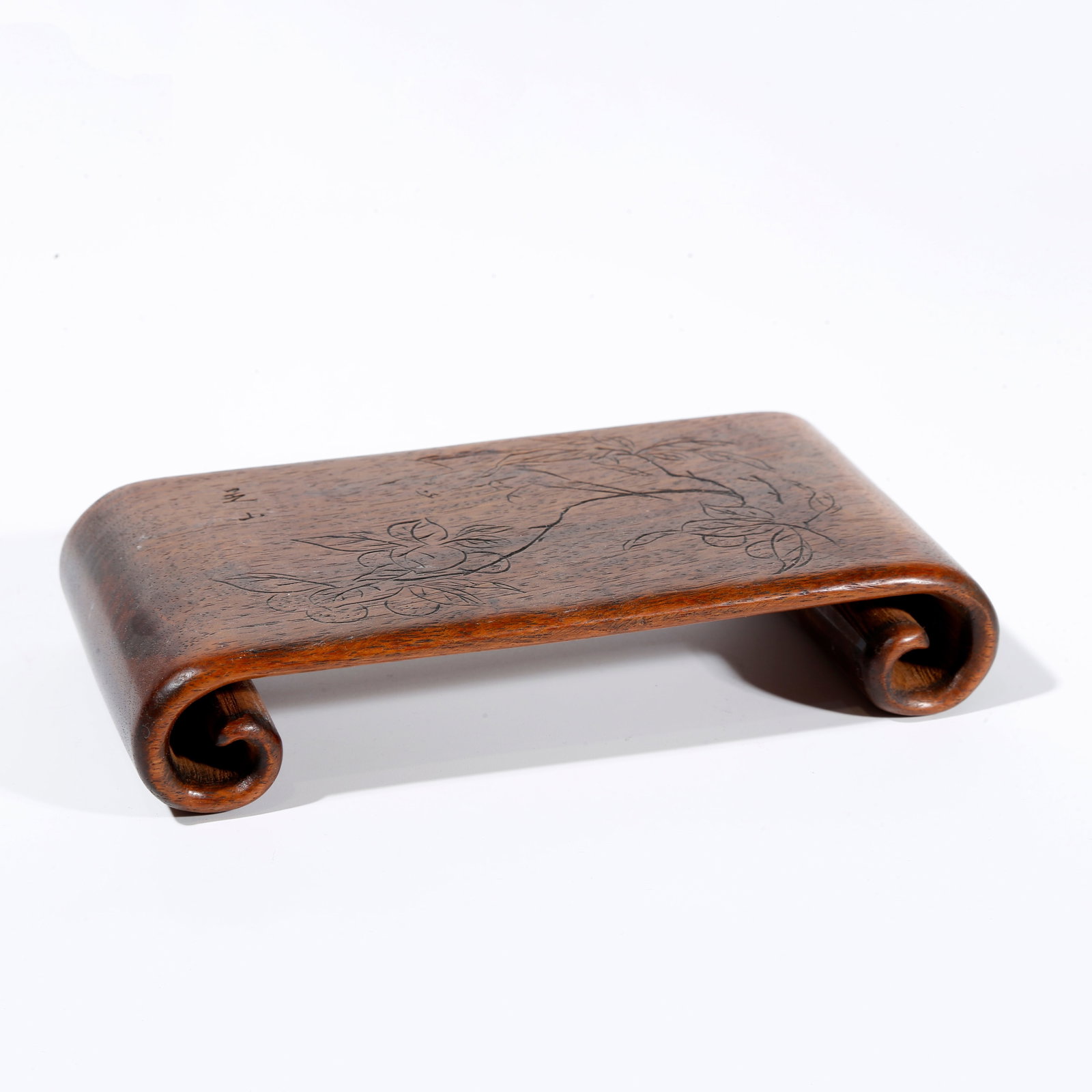 A PEACH PATTERN SMALL TEA TABLE IN HUANGHUALI WOOD CARVING: Peach Pattern Small Tea Table in Huanghuali Wood Carving