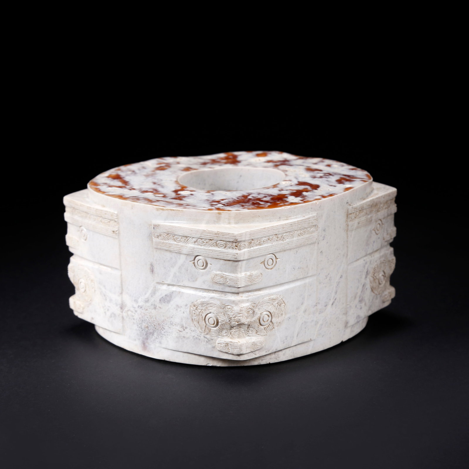 A TAOTIE PATTERN ANCIENT JADE CONG: Taotie Pattern Ancient Jade Cong