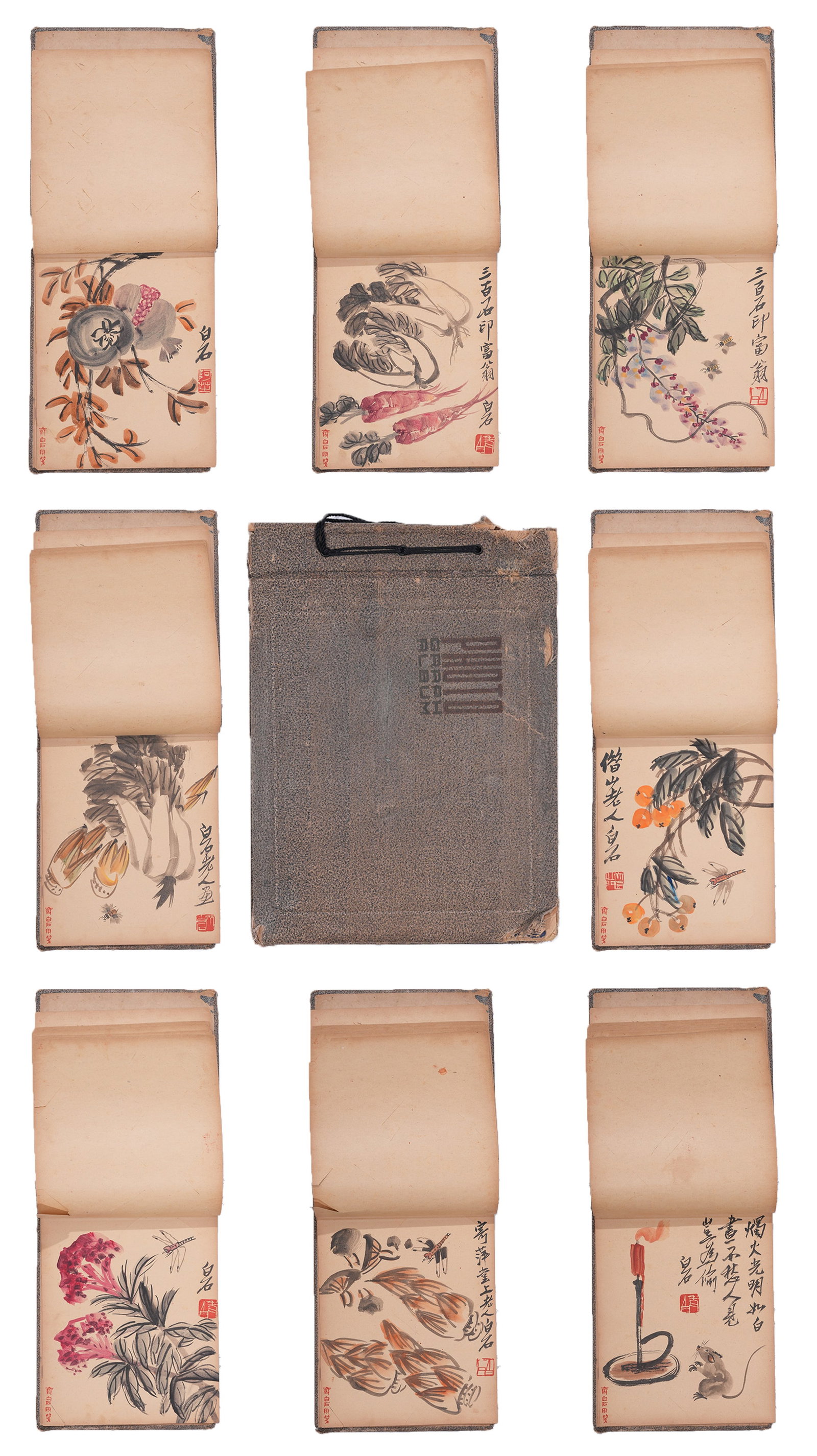A ALBUM OF FRUIT AND VEGETABLE PAINTINGS ON PAPER BY QI BAISHI (SEVENTEEN LEAVES).齊白: Album of Fruit and Vegetable Paintings on Paper by Qi Baishi (Seventeen Leaves).齊白石