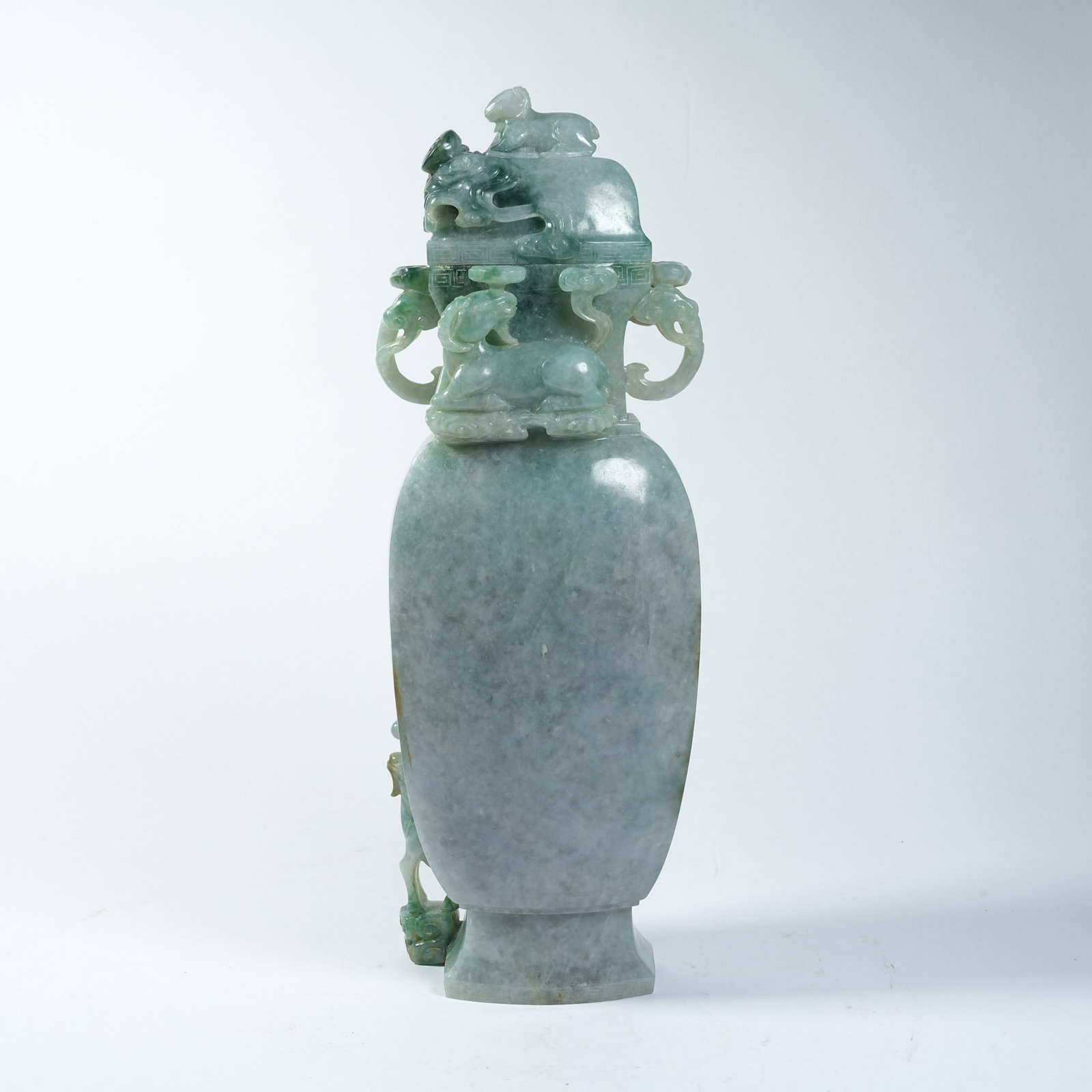 A JADEITE COVERED VASE WITH AUSPICIOUS PATTERNS: Jadeite Covered Vase with Auspicious Patterns