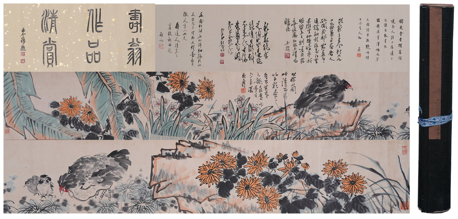 A HANDSCROLL OF FLOWERS AND BIRDS ON PAPER BY PAN TIANSHOU.潘天壽: Handscroll of Flowers and Birds on Paper by Pan Tianshou.潘天壽