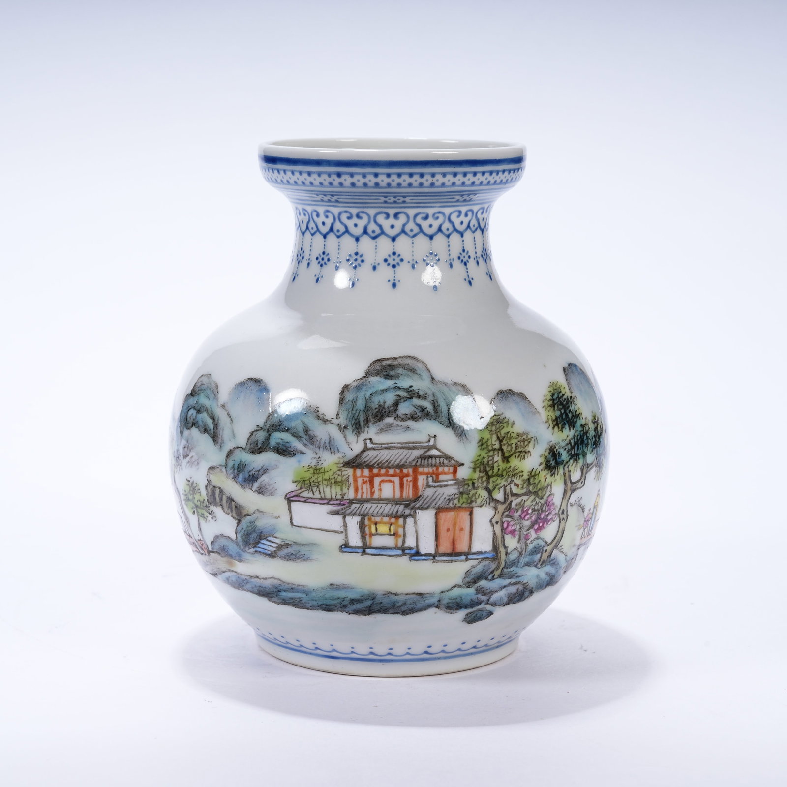 A FAMILLE ROSE VASE WITH LANDSCAPE, PAVILIONS AND FIGURE PATTERNS (1 of 9)