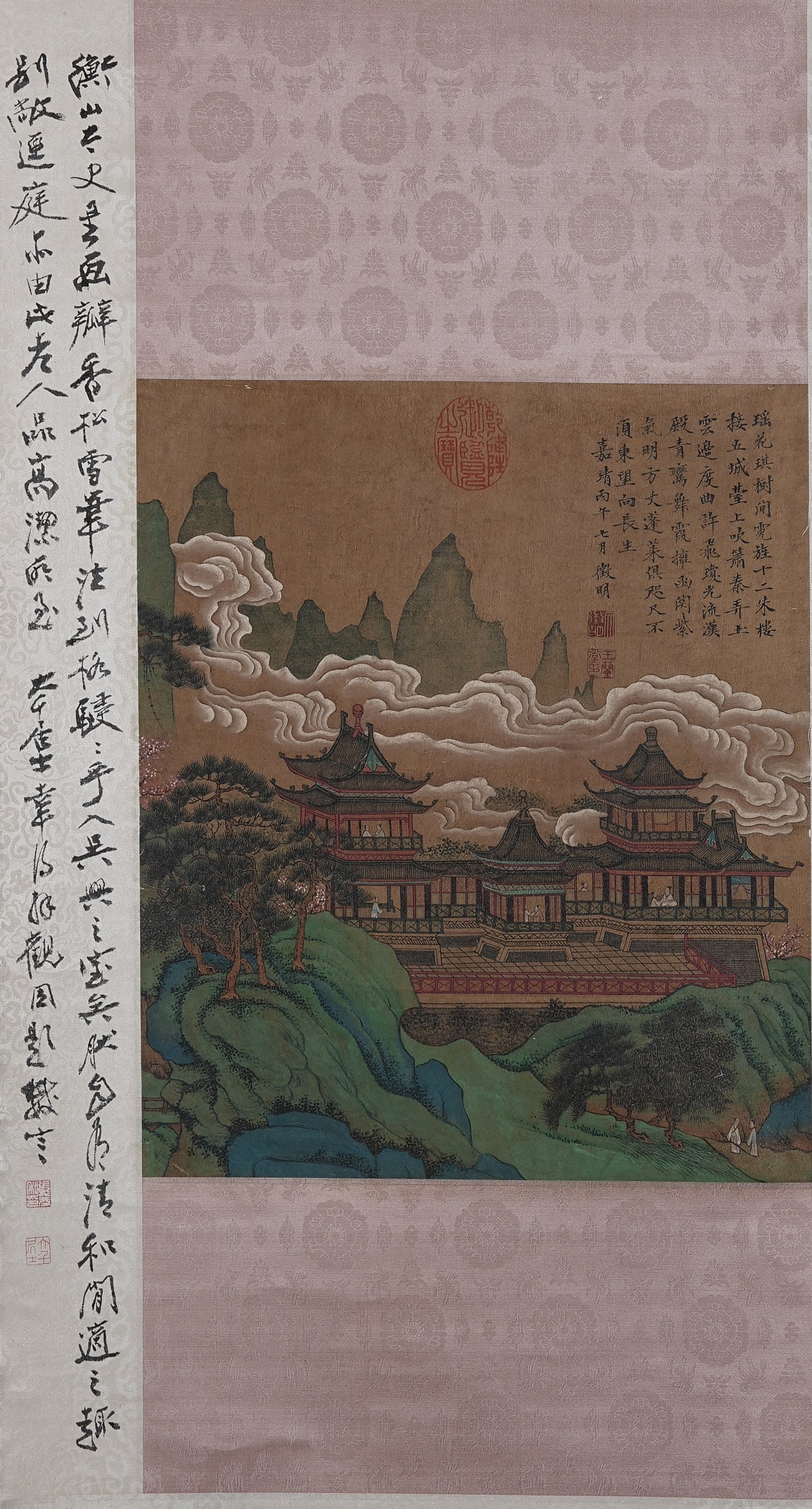 A LANDSCAPE AND PAVILION PAINTING ON SILK BY WEN ZHENGMING.文徵明: Landscape and Pavilion Painting on Silk by Wen Zhengming.文徵明