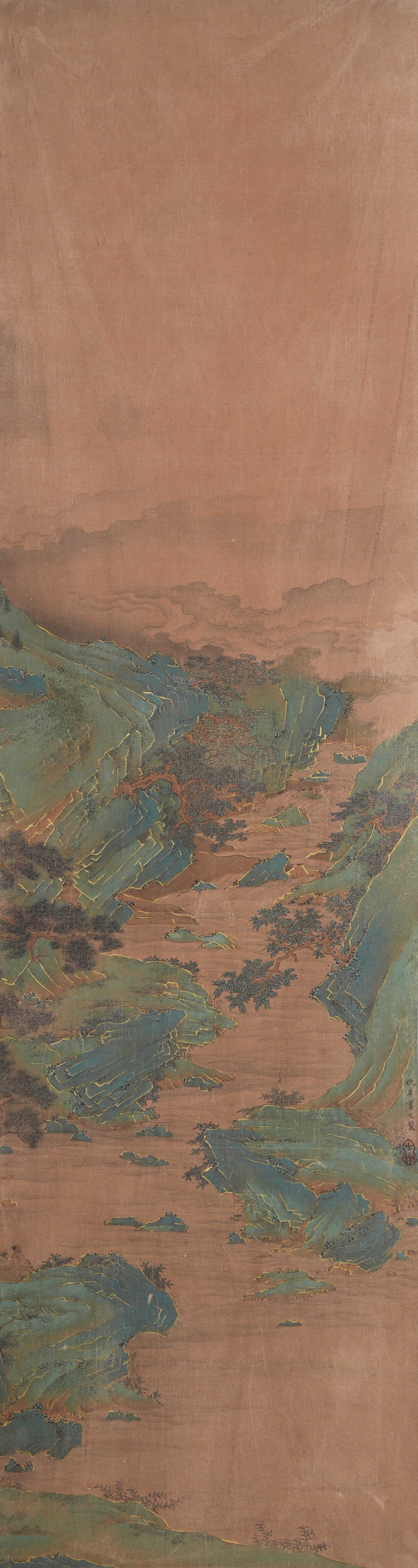 A LANDSCAPE PAINTING ON SILK BY QIU YING.仇英: Landscape Painting on Silk by Qiu Ying.仇英