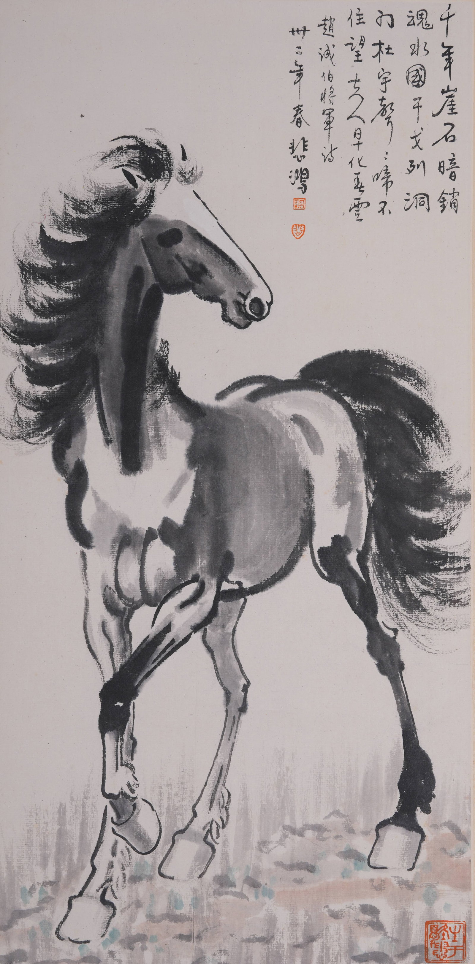 A STANDING HORSE PAINTING ON PAPER BY XU BEIHONG.徐悲鴻: Standing Horse Painting on Paper by Xu Beihong.徐悲鴻