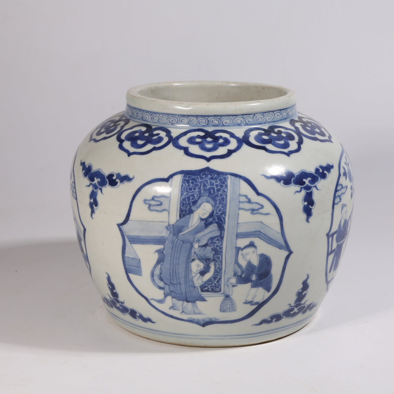 A BLUE-AND-WHITE JAR WITH "TEACHING ONE'S CHILD" DESIGN: Blue-and-White Jar with "Teaching One's Child" Design