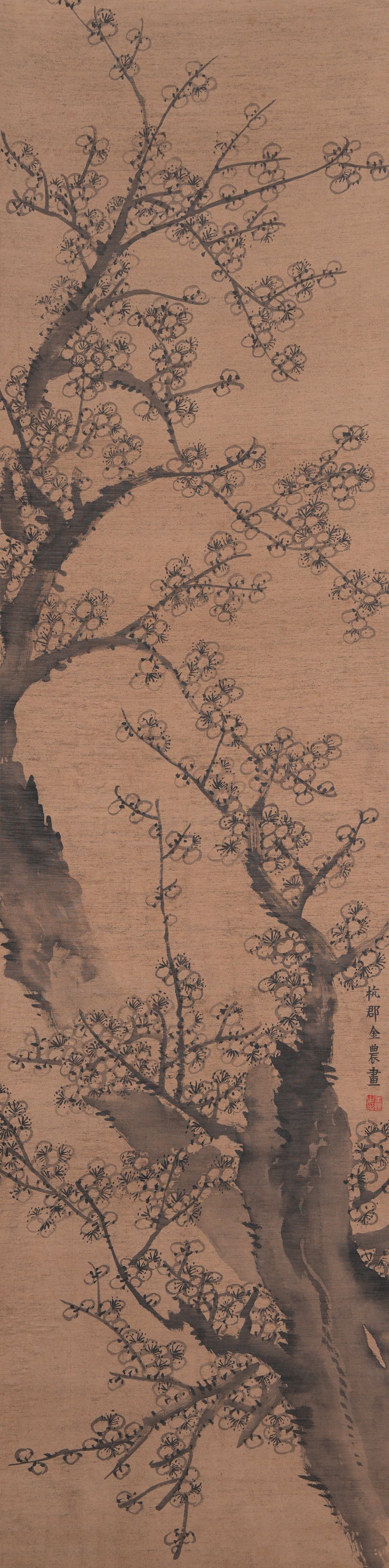 A PLUM BLOSSOM PAINTING ON SILK BY JIN NONG.金農: Plum Blossom Painting on Silk by Jin Nong.金農