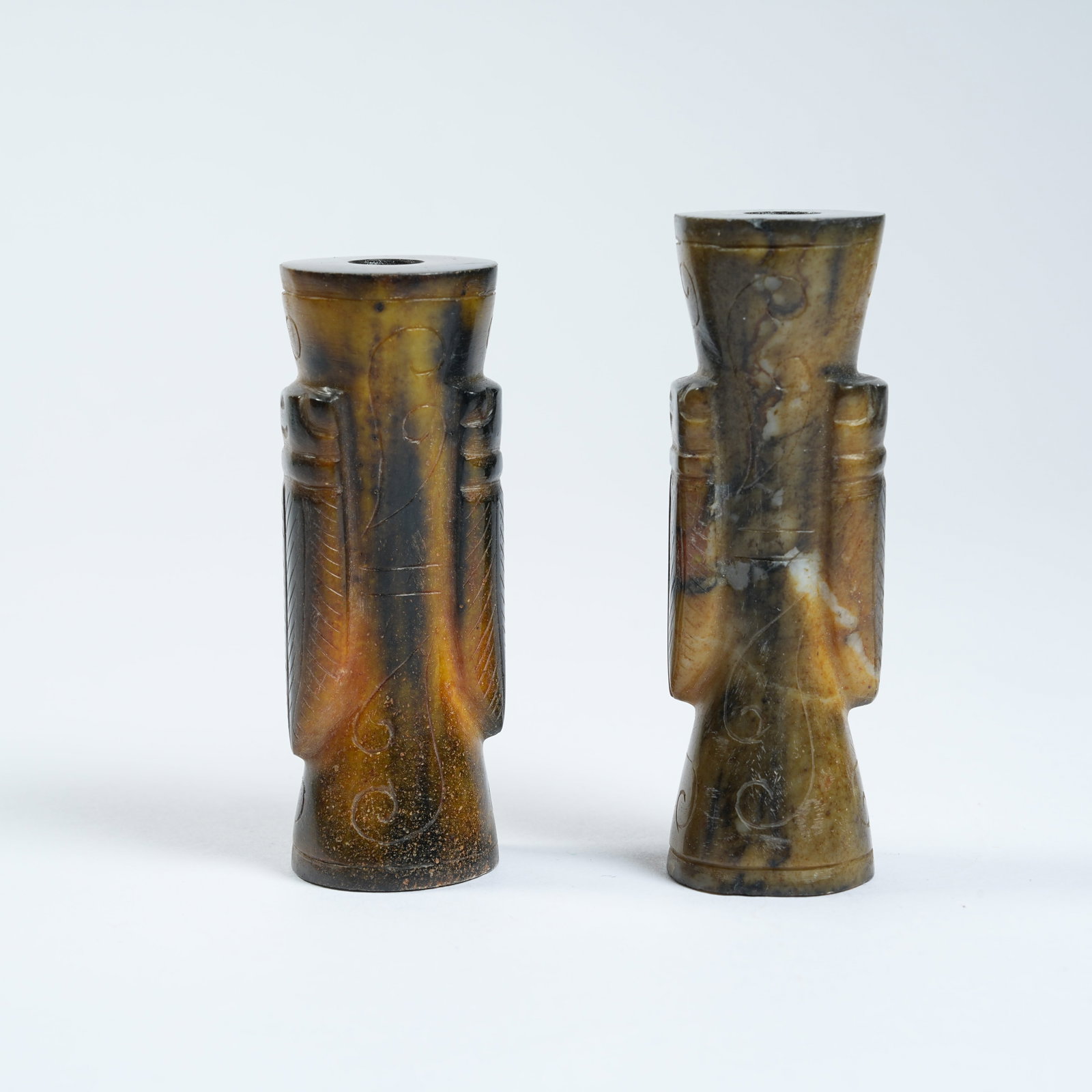 A SET OF ANCIENT JADE CYLINDRICAL BEADS WITH CICADA PATTERNS: Set of Ancient Jade Cylindrical Beads with Cicada Patterns