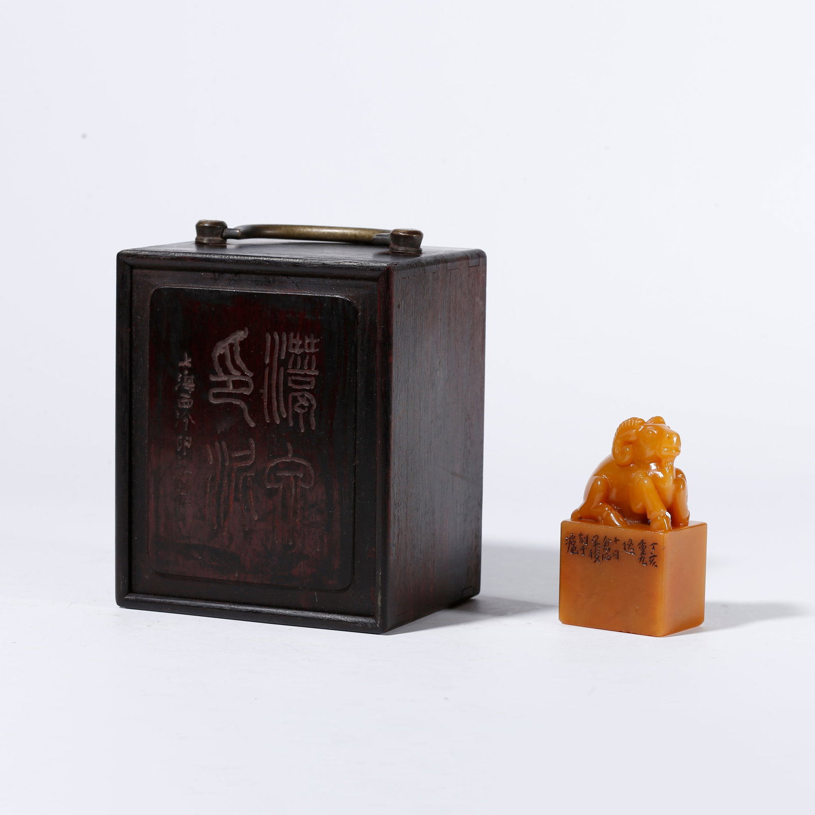 A SHOUSHAN STONE SEAL WITH GOAT KNOB: Shoushan Stone Seal with Goat Knob