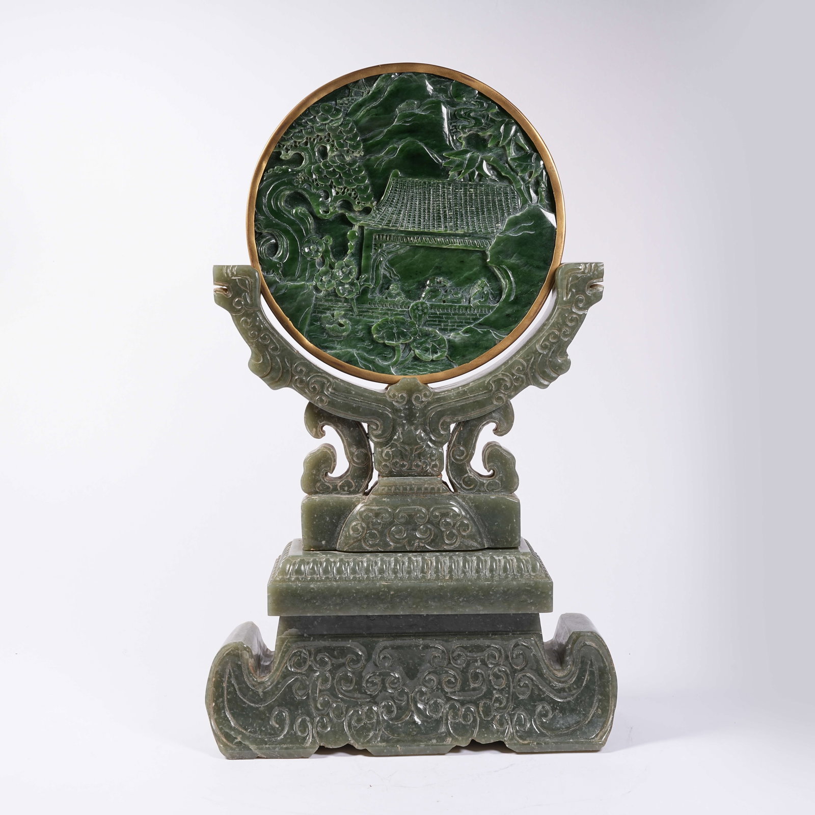 A HETIAN JASPER SCREEN WITH PAVILION AND FIGURE PATTERNS: Hetian Jasper Screen with Pavilion and Figure Patterns