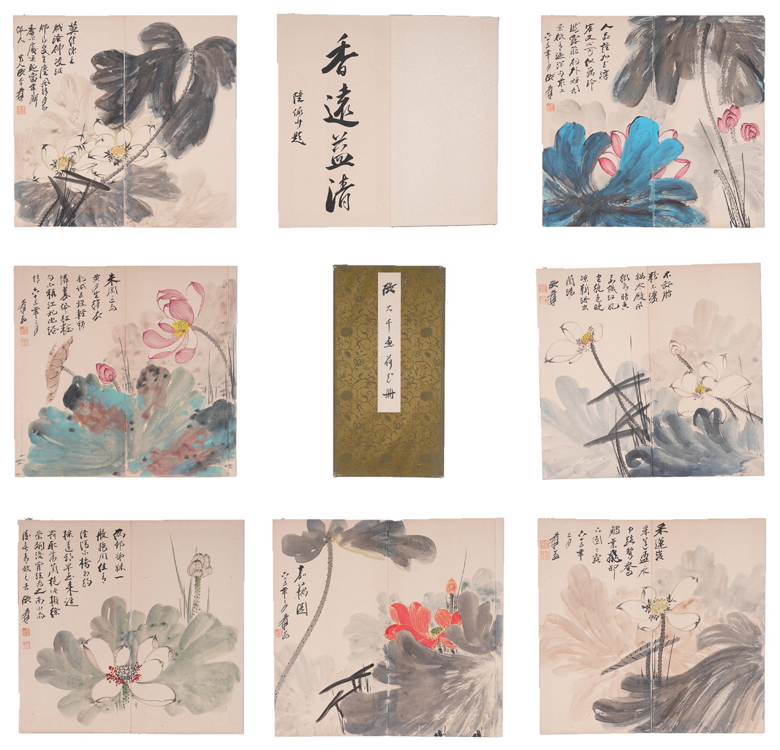 A ALBUM OF LOTUS PAINTINGS ON PAPER BY ZHANG DAQIAN (TWELVE LEAVES).張大千: Album of Lotus Paintings on Paper by Zhang Daqian (Twelve Leaves).張大千