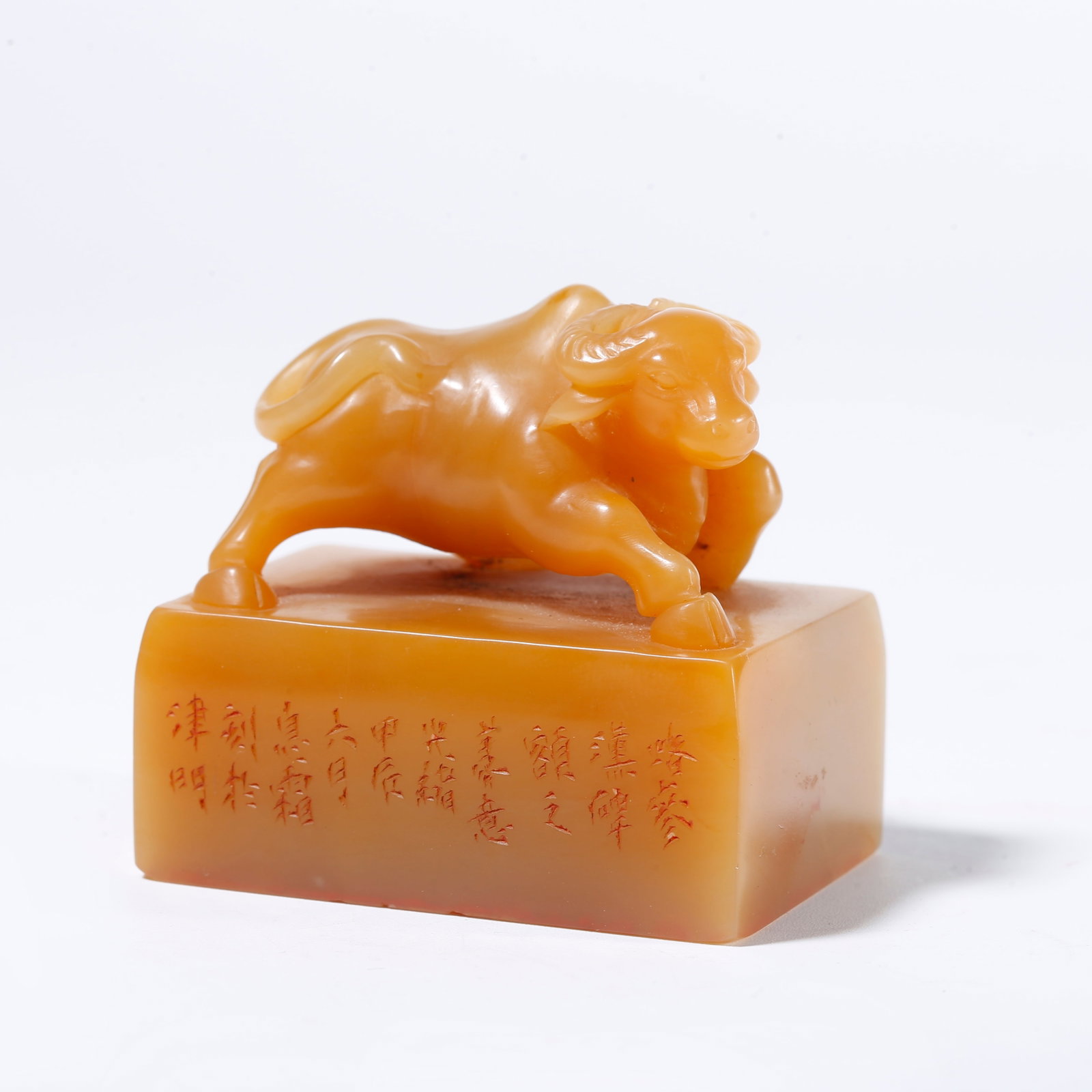 A SHOUSHAN TIANHUANG STONE SEAL WITH OX KNOB: Shoushan Tianhuang Stone Seal with Ox Knob