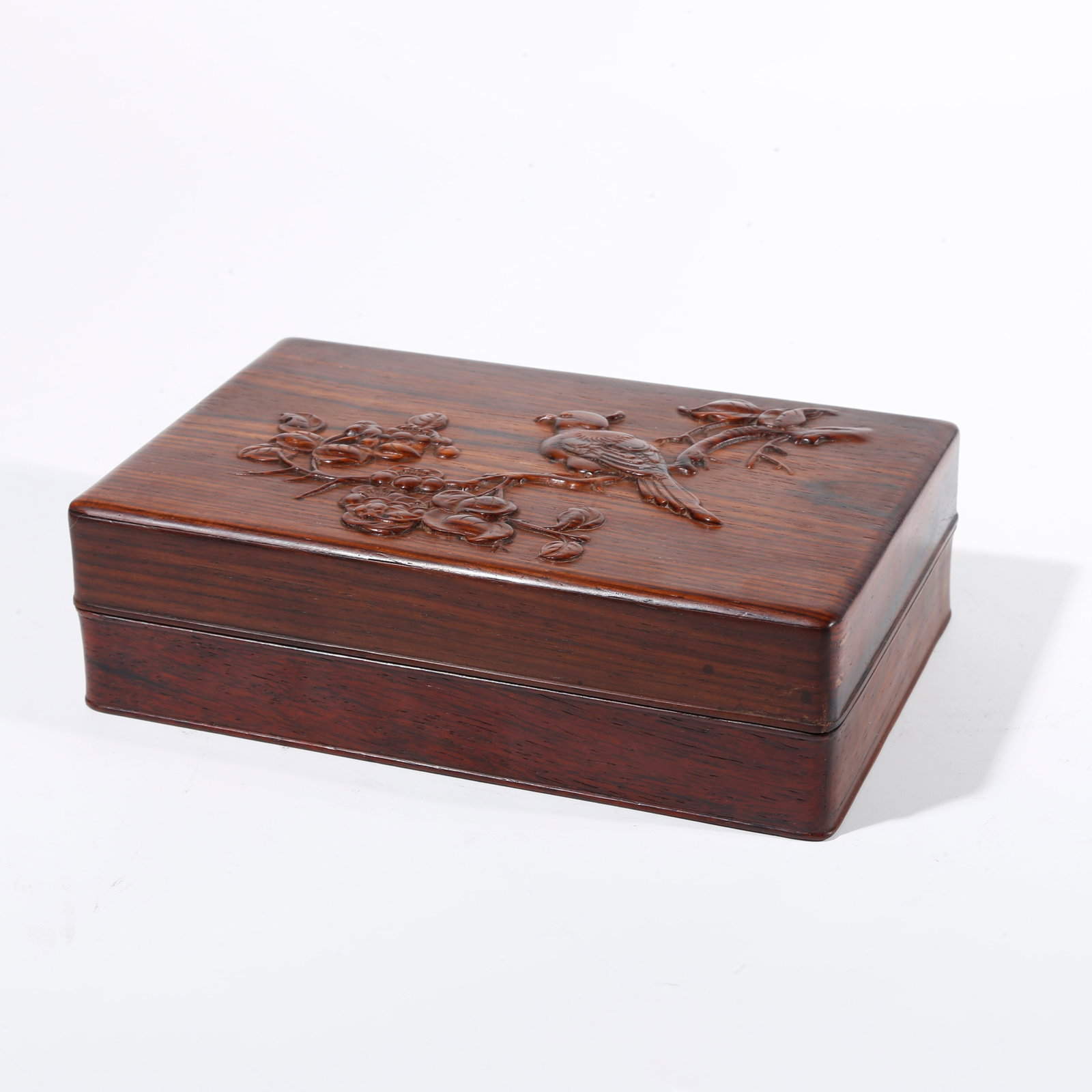 A FLOWER AND BIRD PATTERN COVERED BOX IN RED SANDALWOOD CARVING: Flower and Bird Pattern Covered Box in Red Sandalwood Carving