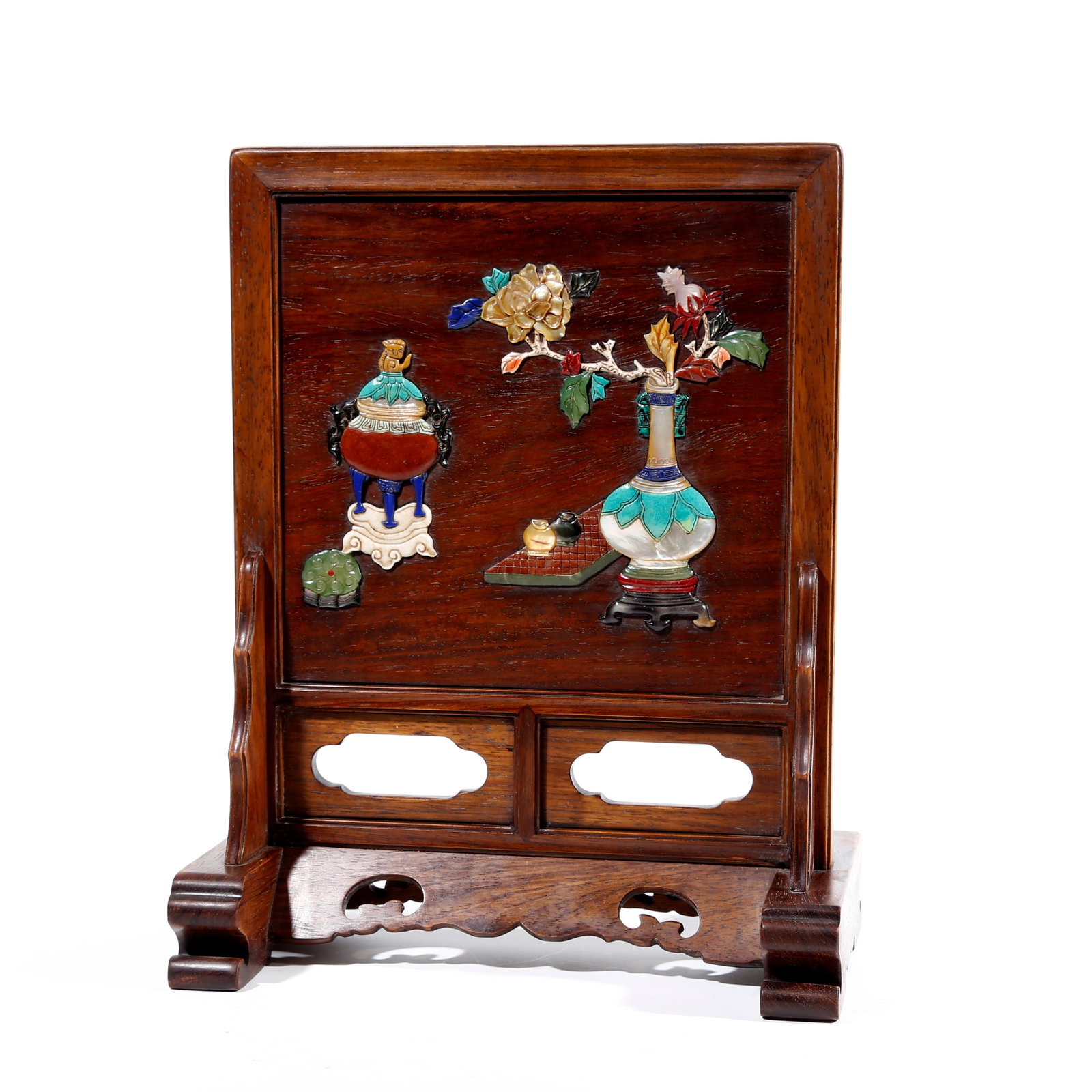 A TREASURE-INLAID TABLE SCREEN CARVED IN HUANGHUALI WOOD (1 of 10)