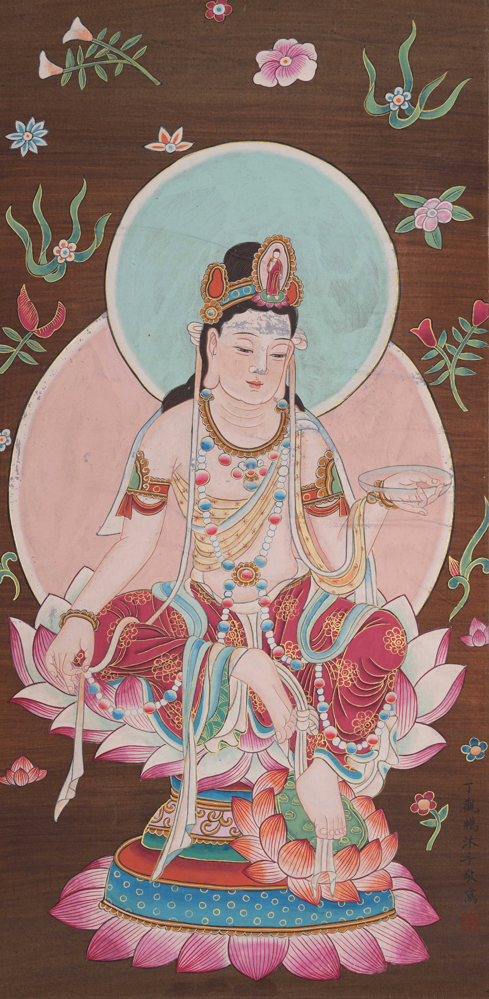 A GUANYIN PAINTING ON SILK BY DING GUANPENG.丁觀鵬: Guanyin Painting on Silk by Ding Guanpeng.丁觀鵬