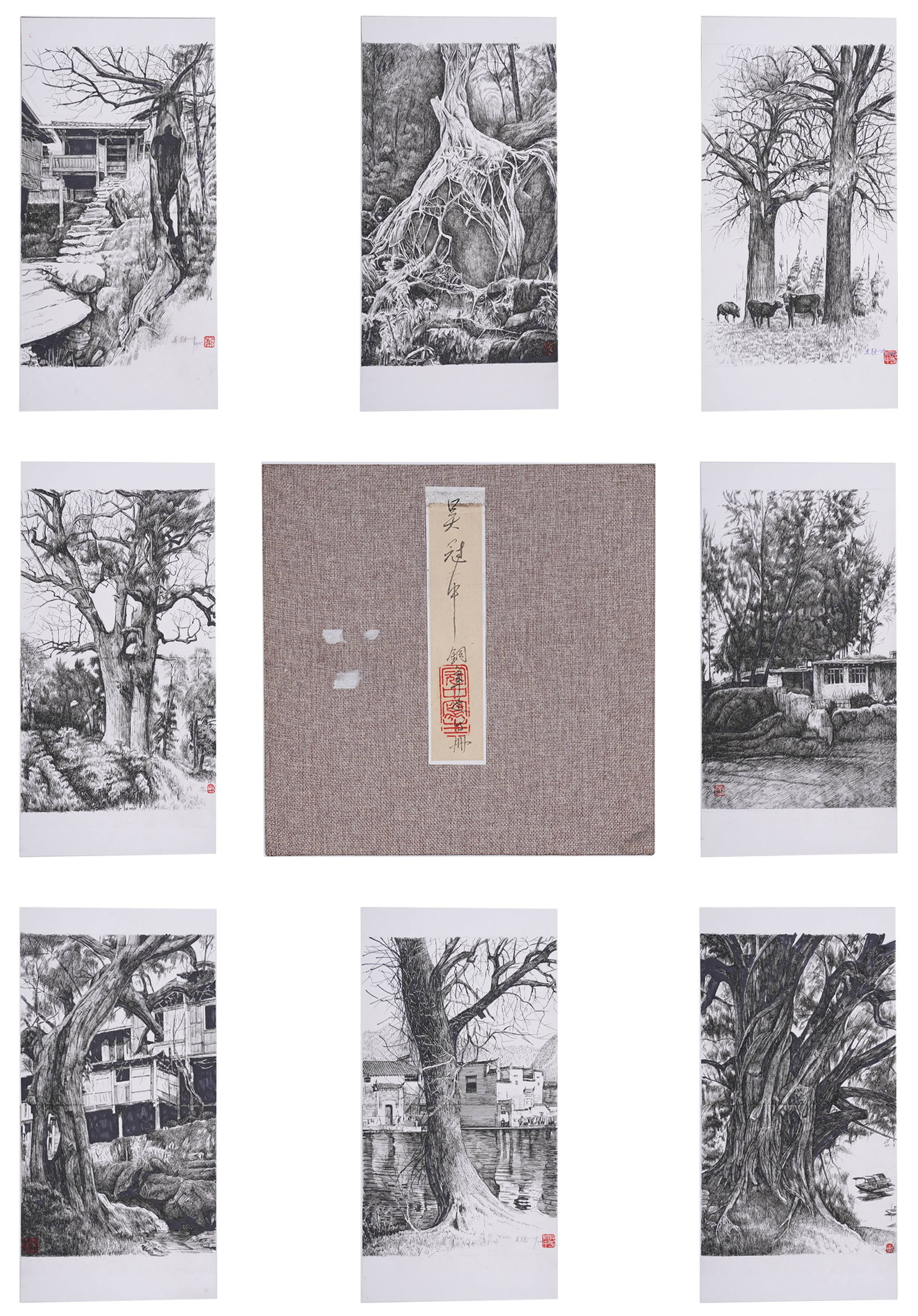 A ALBUM OF PEN-AND-INK SKETCHES ON PAPER BY WU GUANZHONG (THIRTEEN LEAVES).吳冠中 (1 of 16)