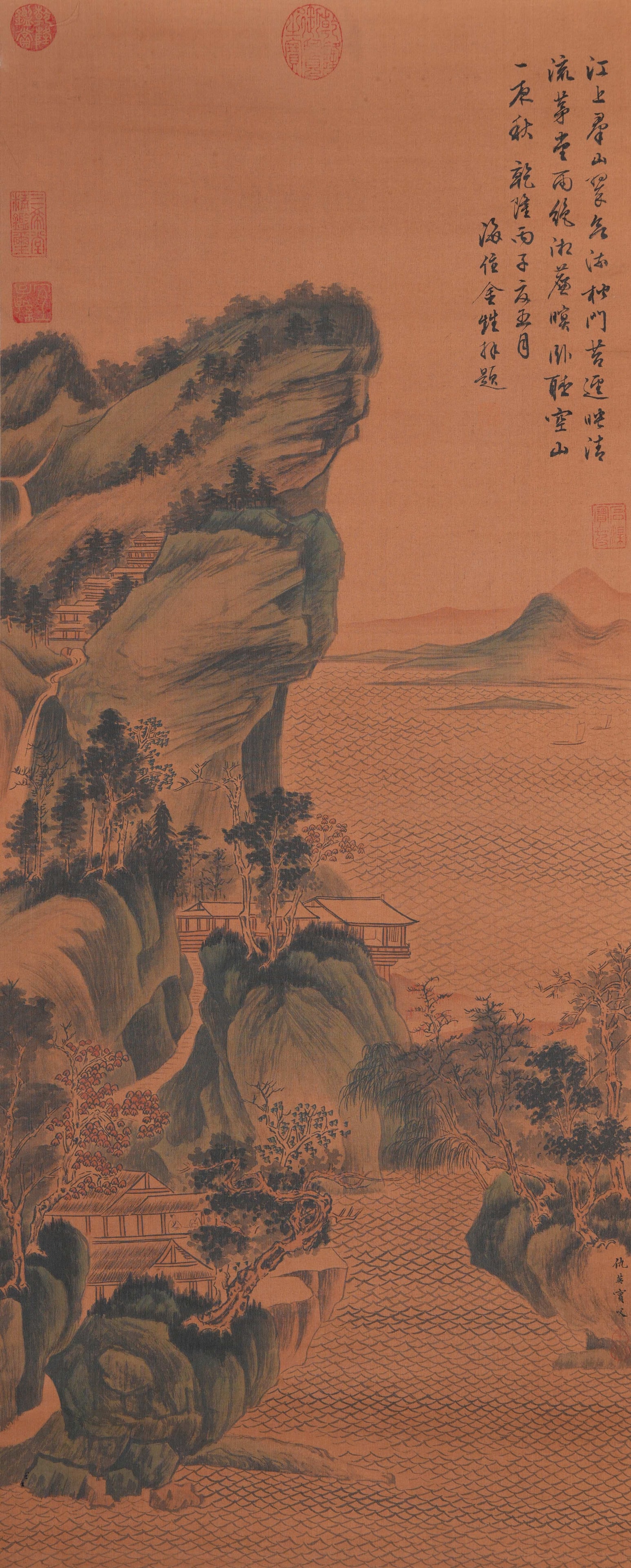 A LANDSCAPE PAINTING ON SILK BY QIU YING.仇英: Landscape Painting on Silk by Qiu Ying.仇英