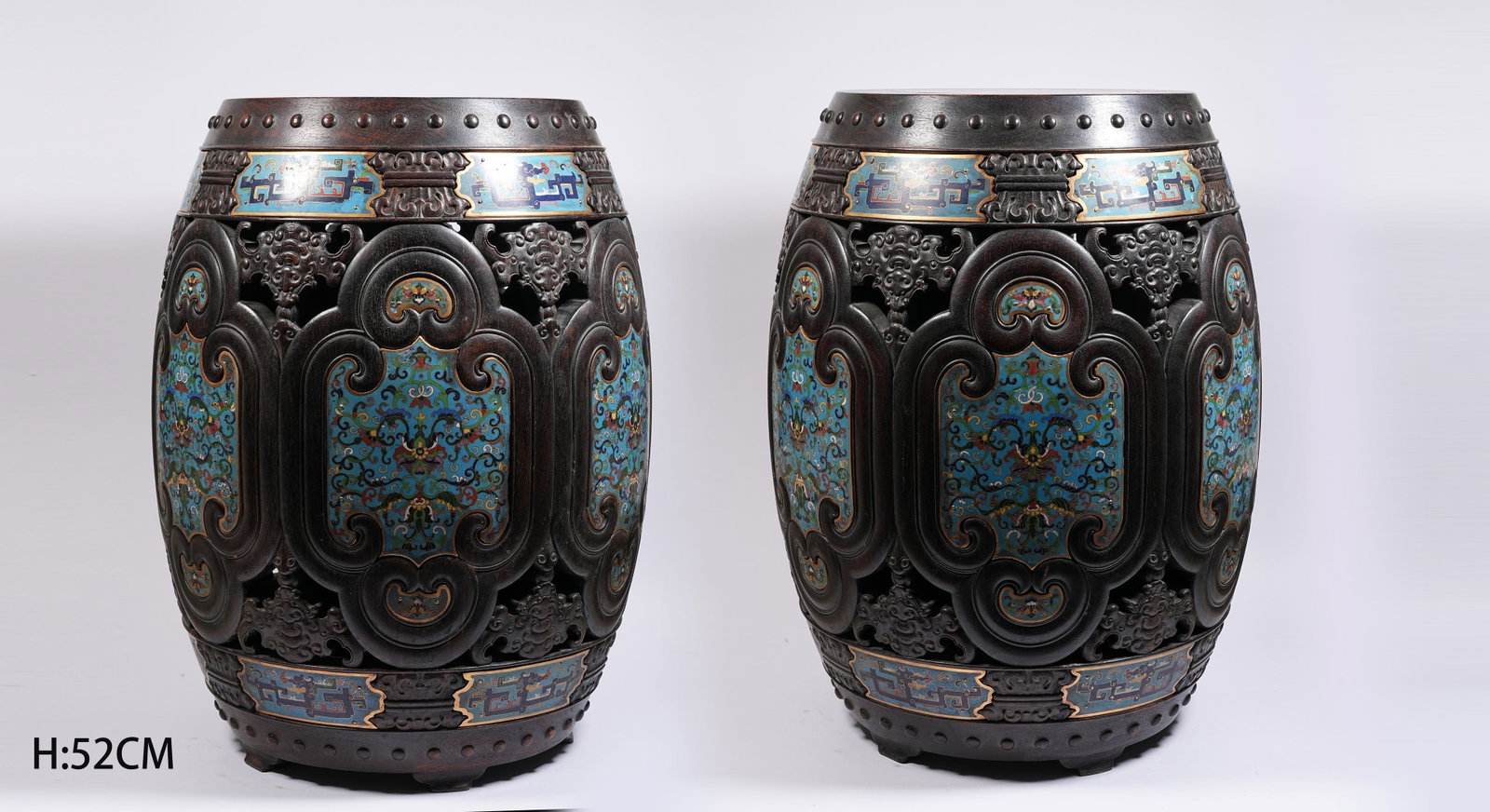 A SET OF RED SANDALWOOD STOOLS INLAID WITH CLOISONNE FLORAL PATTERNS (1 of 10)