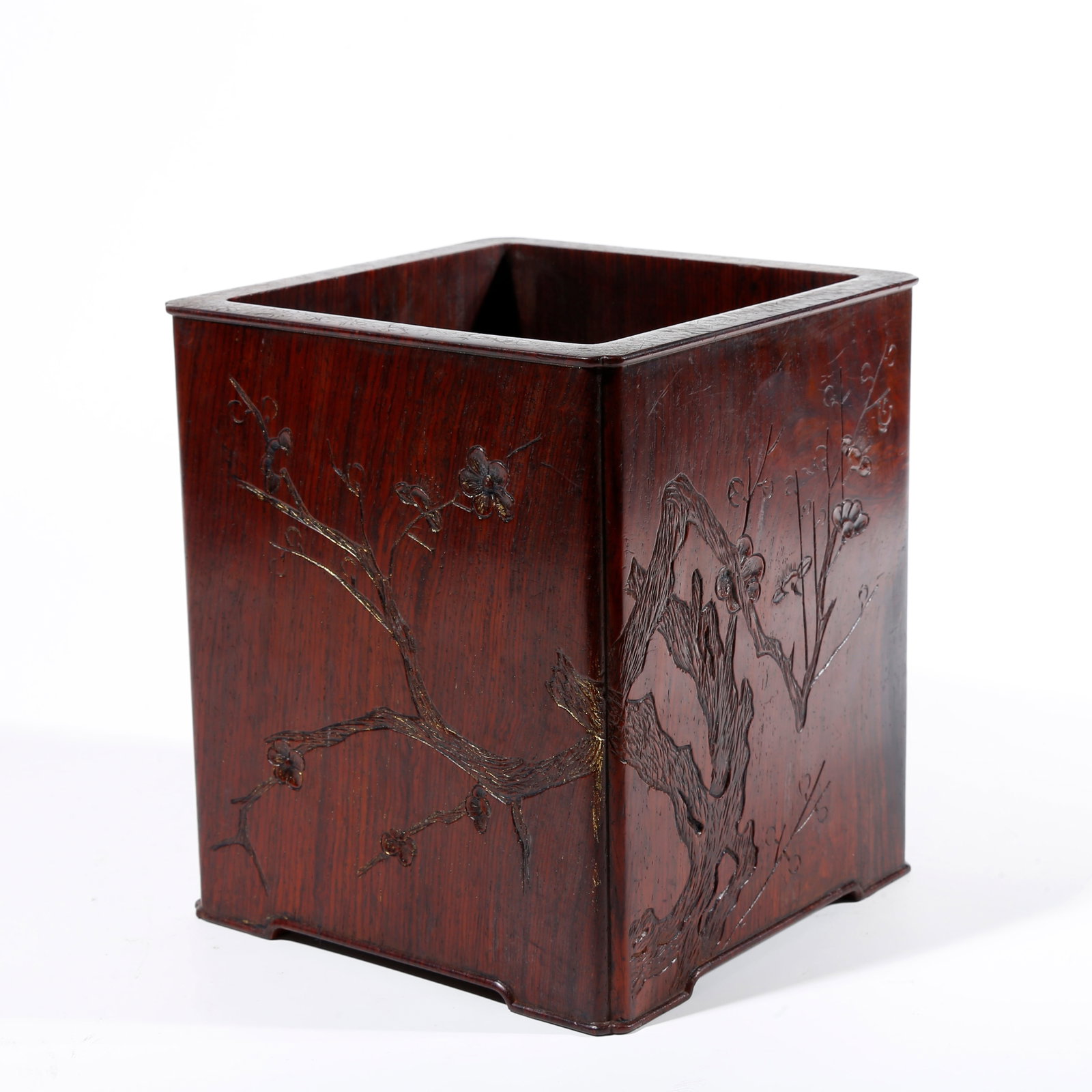 A POEM CARVED BRUSH POT IN RED SANDALWOOD: Poem Carved Brush Pot in Red Sandalwood