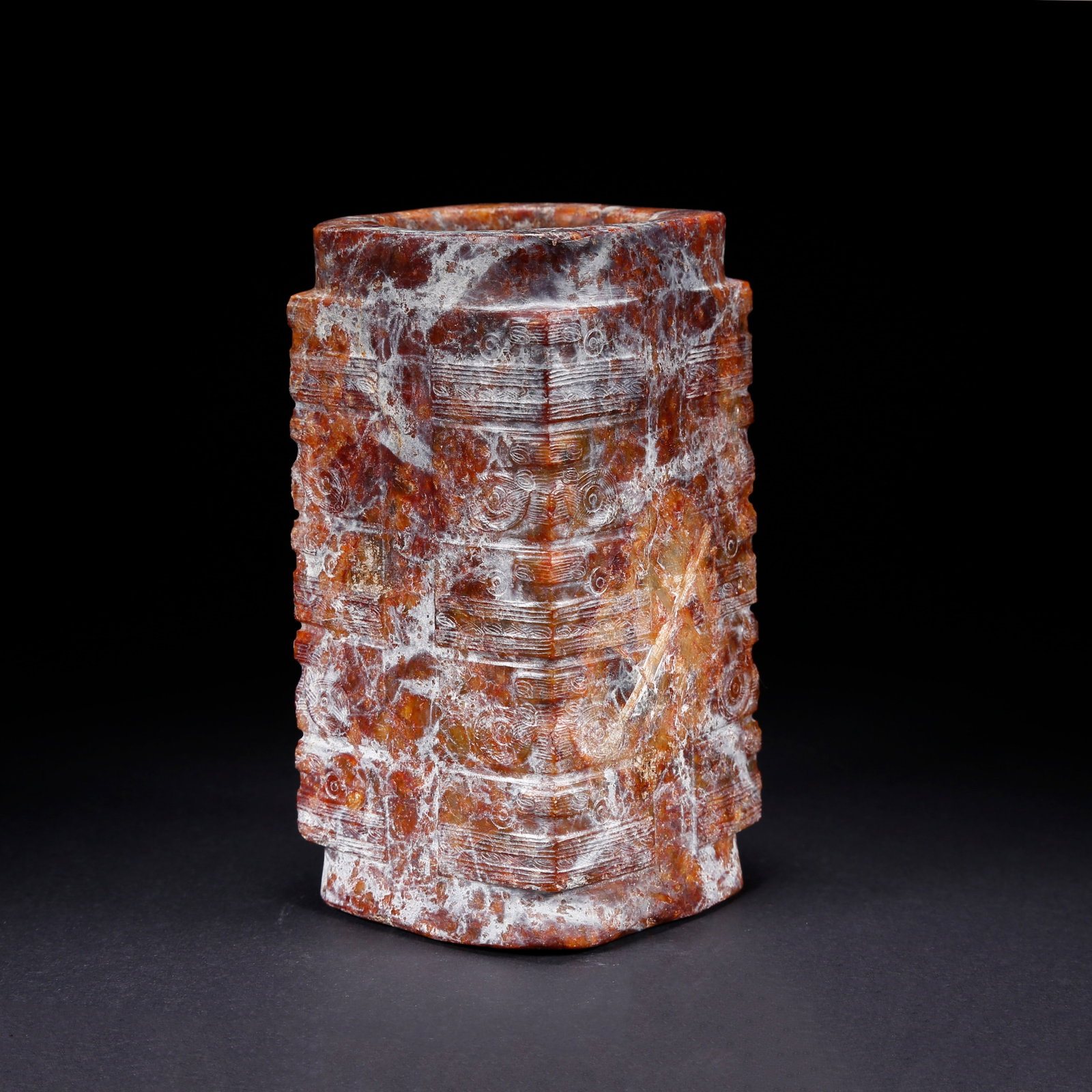 A TAOTIE PATTERN ANCIENT JADE CONG: Taotie Pattern Ancient Jade Cong