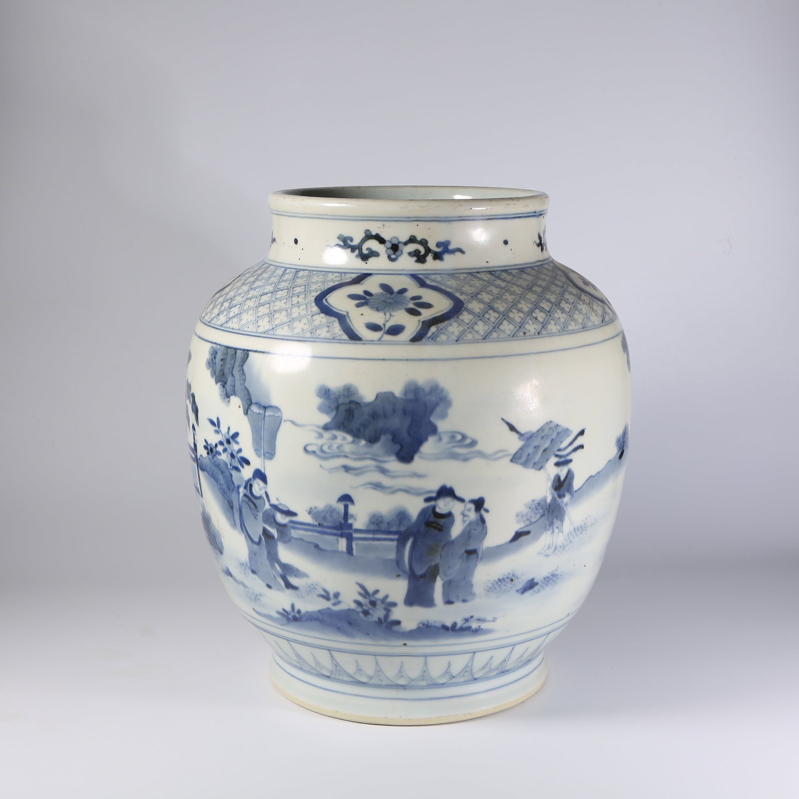 A BLUE-AND-WHITE JAR WITH FIGURAL NARRATIVE SCENES: Blue-and-White Jar with Figural Narrative Scenes