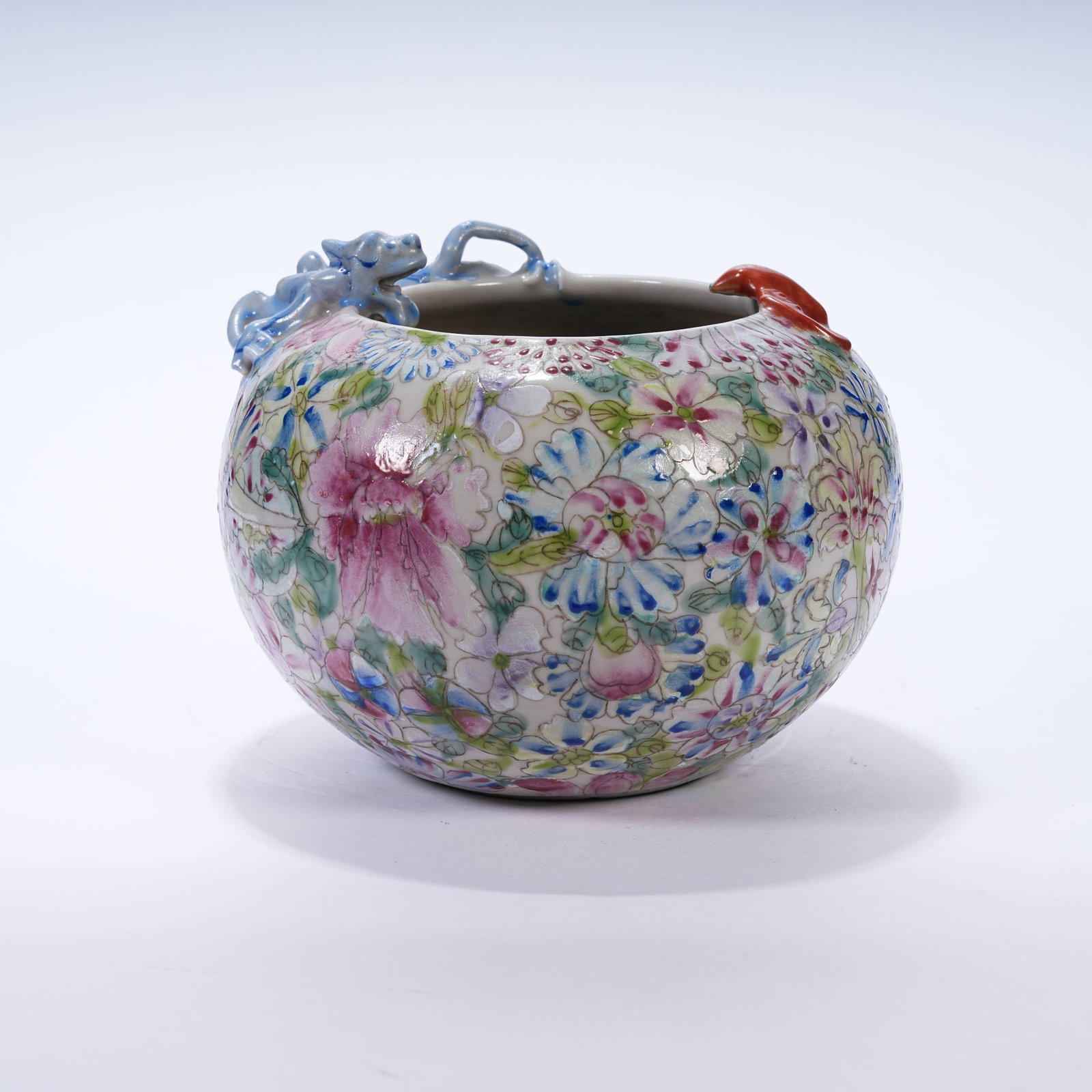 A FAMILLE ROSE WATER COUPE WITH FLORAL AND CHI DRAGON PATTERNS: Famille Rose Water Coupe with Floral and Chi Dragon Patterns