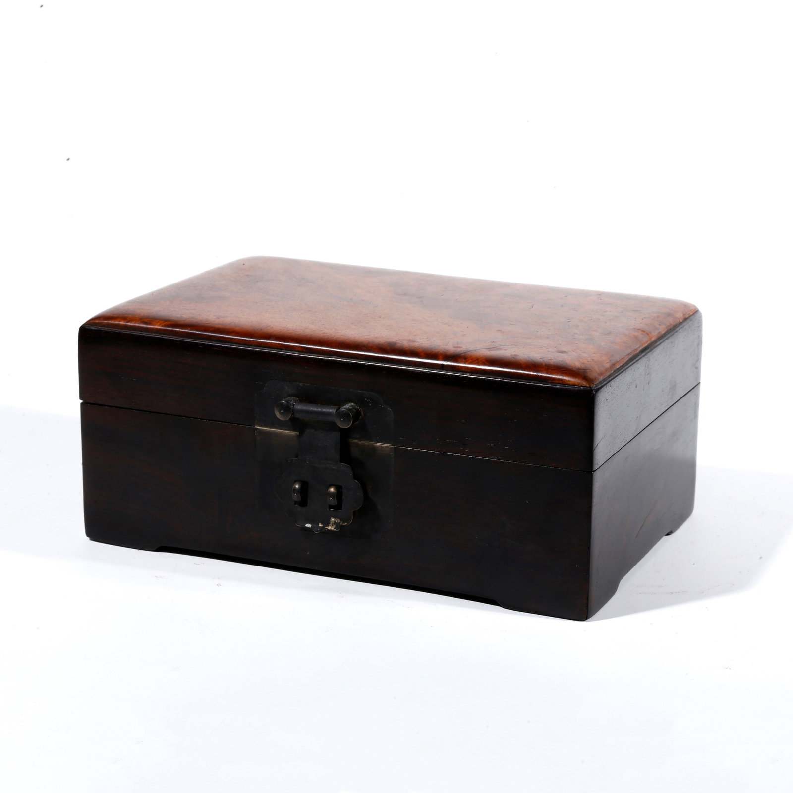A BURL WOOD INLAID COVERED BOX CARVED IN RED SANDALWOOD: Burl Wood Inlaid Covered Box Carved in Red Sandalwood