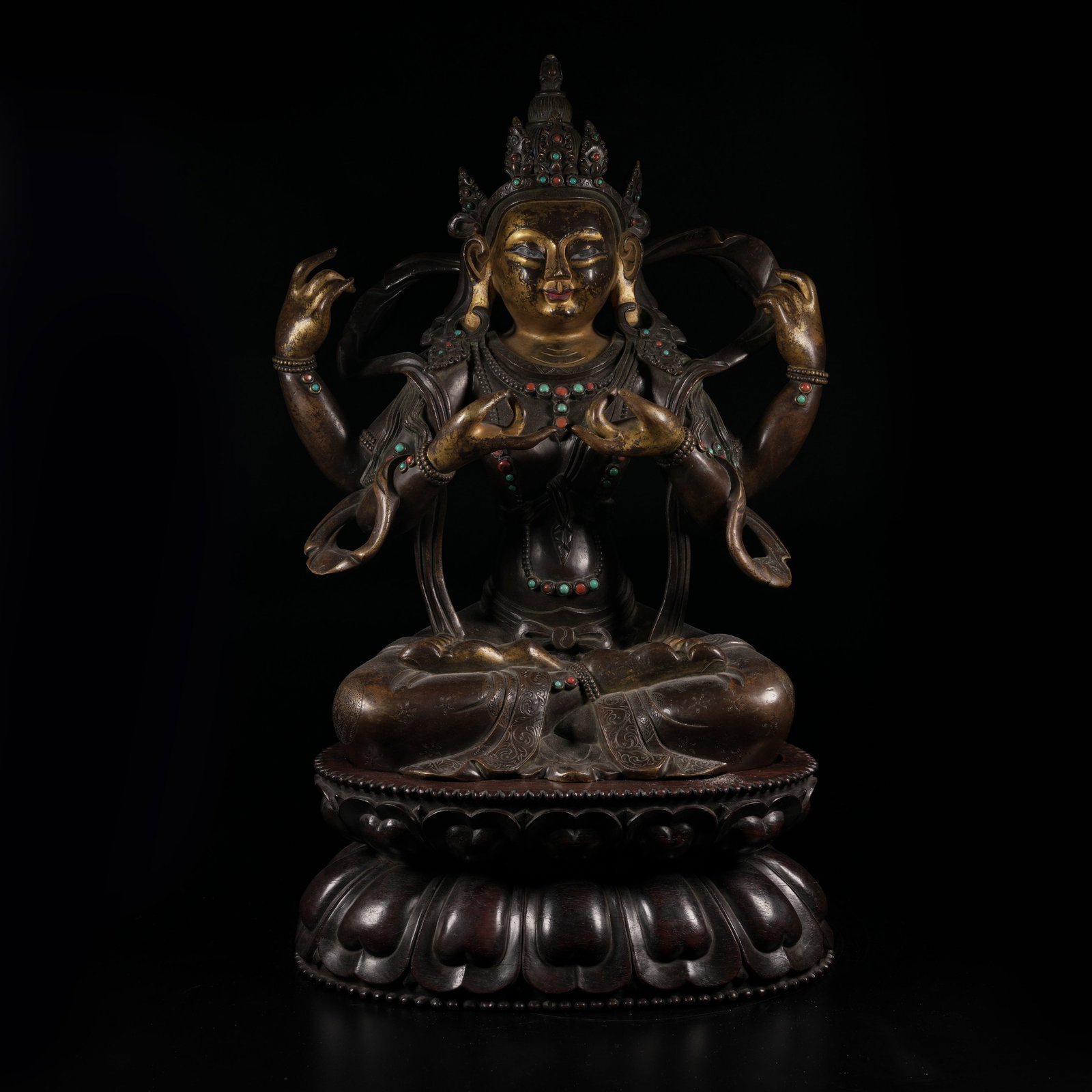 A BRONZE GILDED FOUR-ARMED VAJRADHATU (BUDDHA MOTHER) STATUE: Bronze Gilded Four-Armed Vajradhatu (Buddha Mother) Statue