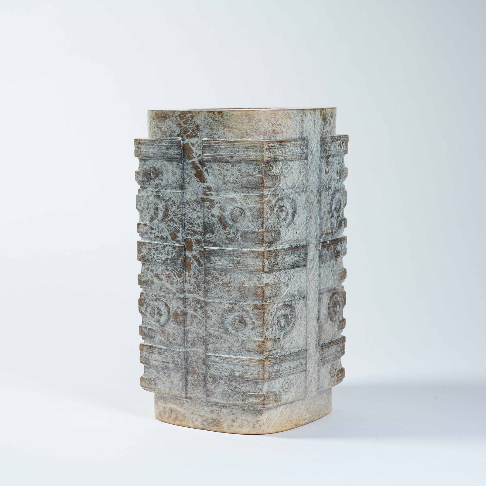 A ANCIENT JADE CONG WITH DEITY MASK PATTERNS: Ancient Jade Cong with Deity Mask Patterns