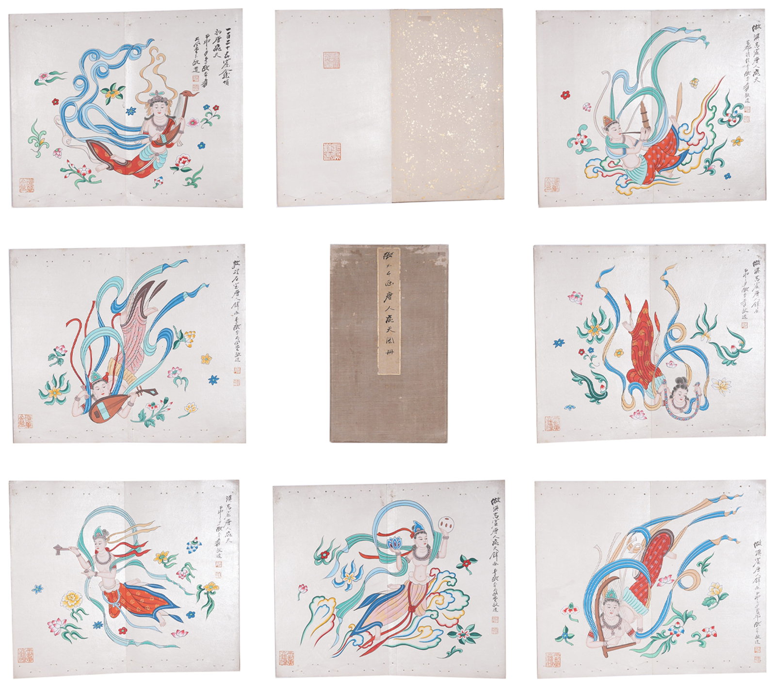 A ALBUM OF TANG FLYING APSARAS PAINTINGS ON PAPER BY ZHANG DAQIAN (TWELVE LEAVES).張大: Album of Tang Flying Apsaras Paintings on Paper by Zhang Daqian (Twelve Leaves).張大千