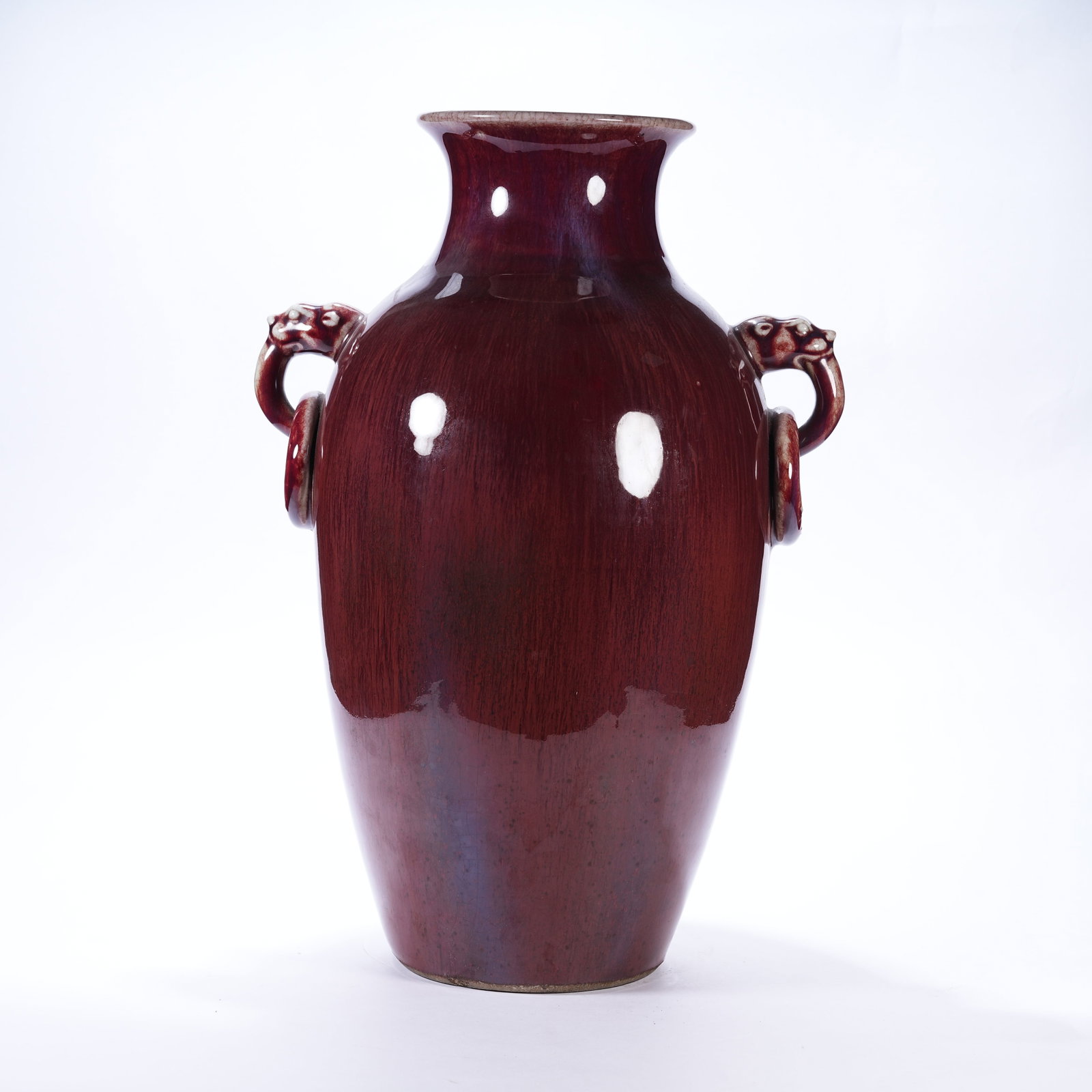 A FLAMBE GLAZE ZUN WITH BEAST HEAD HANDLES (1 of 9)