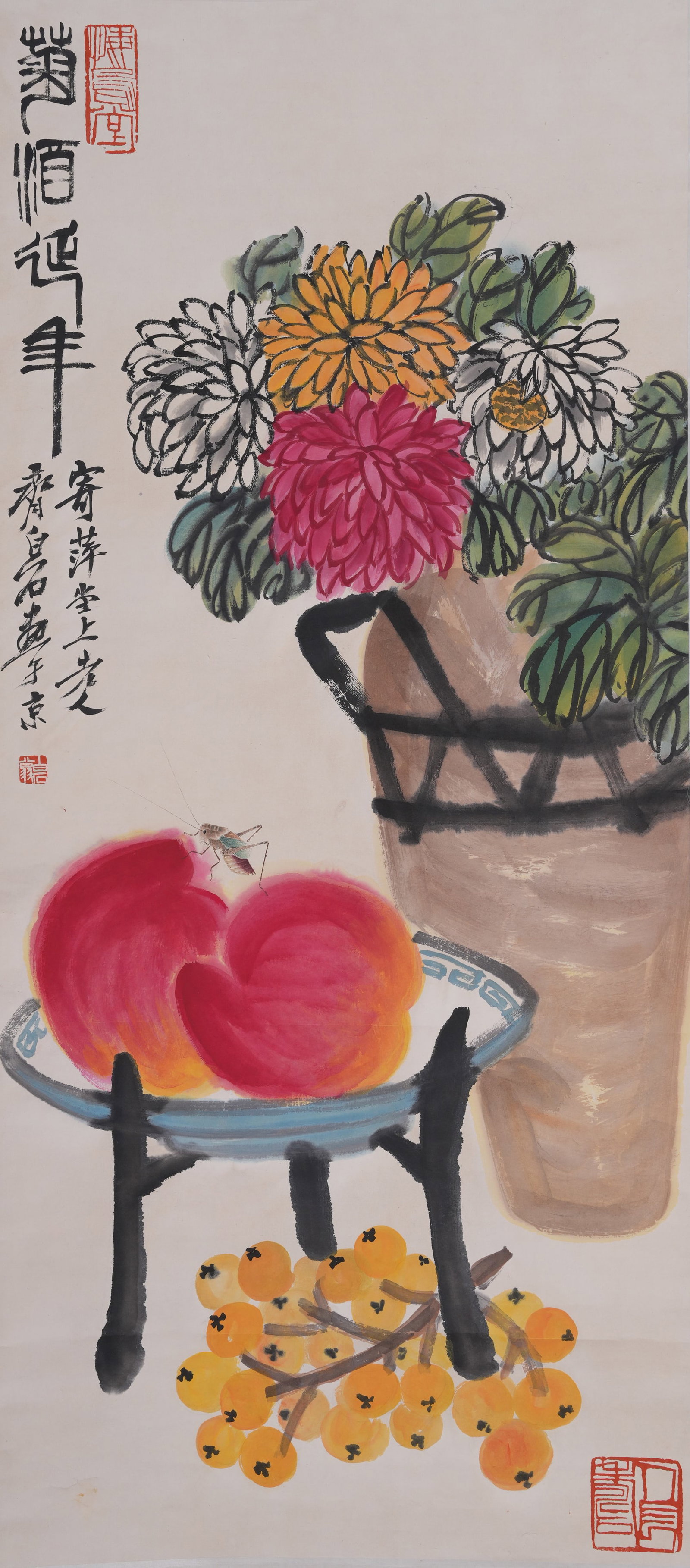 A CHRYSANTHEMUM WINE FOR LONGEVITY PAINTING ON PAPER BY QI BAISHI.齊白石: Chrysanthemum Wine for Longevity Painting on Paper by Qi Baishi.齊白石
