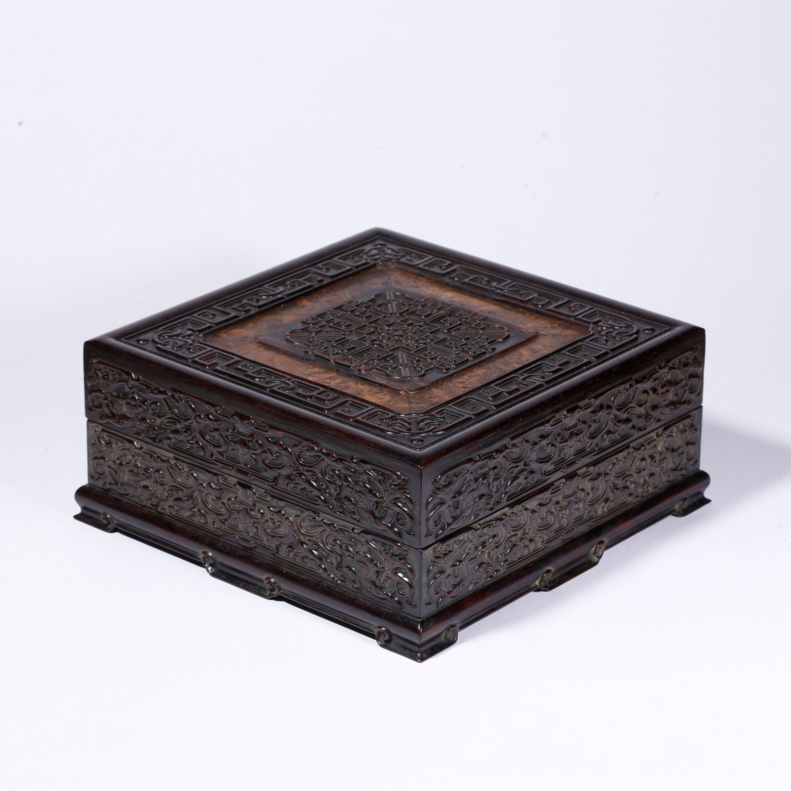 A RED SANDALWOOD BEAST PATTERN COVERED BOX: Red Sandalwood Beast Pattern Covered Box