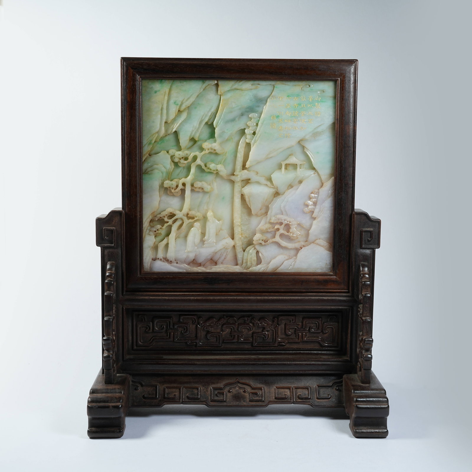 A JADEITE SCREEN WITH NOBLE SCHOLAR UNDER PINE PATTERNS: Jadeite Screen with Noble Scholar Under Pine Patterns