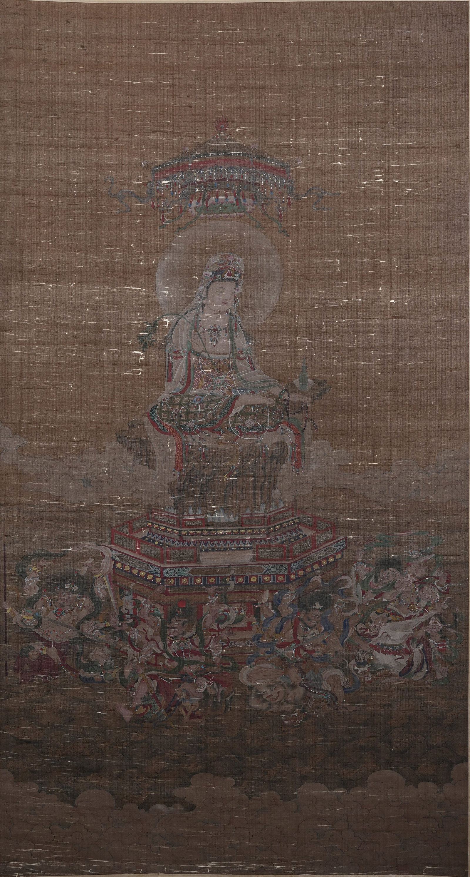 A WILLOW GUANYIN PAINTING ON SILK BY ANONYMOUS.: Willow Guanyin Painting on Silk by Anonymous.