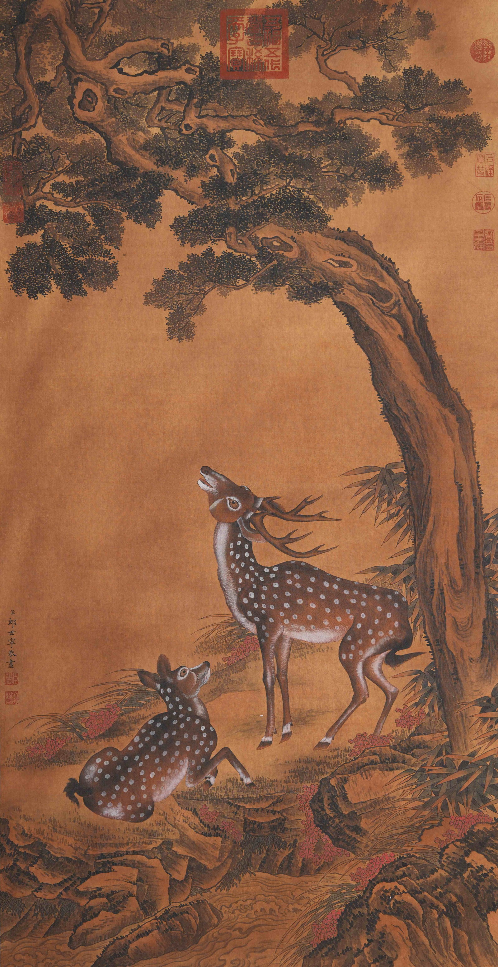 A PAIR OF DEER PAINTING ON SILK BY GIUSEPPE CASTIGLIONE.郎世寧: Pair of Deer Painting on Silk by Giuseppe Castiglione.郎世寧