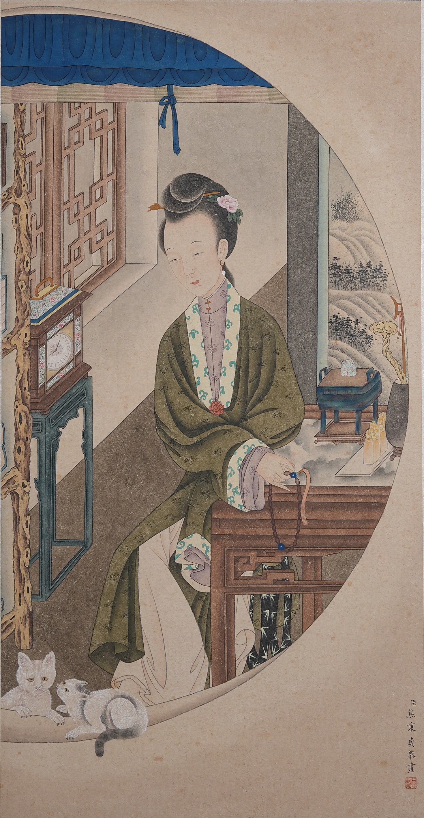 A BEAUTY PAINTING ON PAPER BY JIAO BINGZHEN.焦秉貞: Beauty Painting on Paper by Jiao Bingzhen.焦秉貞