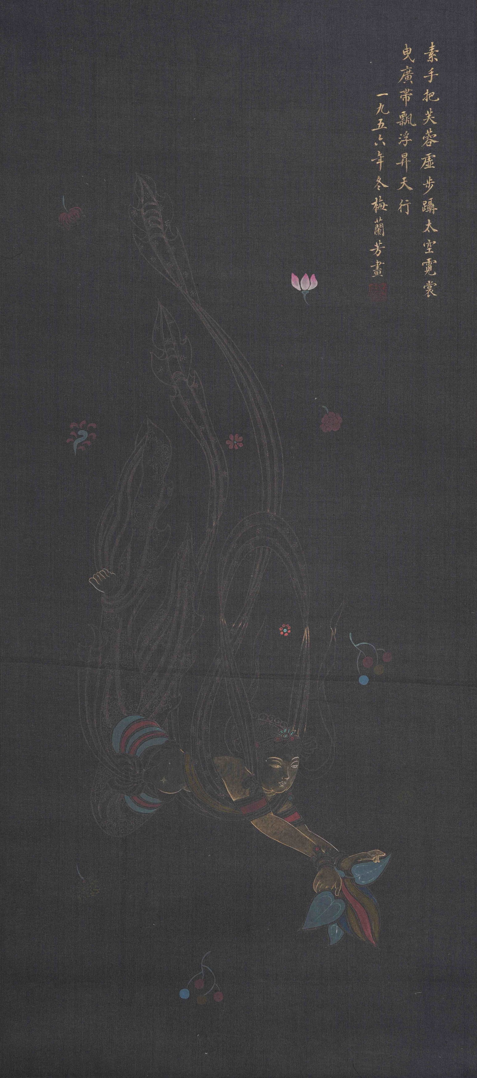A HEAVENLY MAID SCATTERING BLOSSOMS PAINTING ON SILK BY MEI LANFANG.梅蘭芳: Heavenly Maid Scattering Blossoms Painting on Silk by Mei Lanfang.梅蘭芳