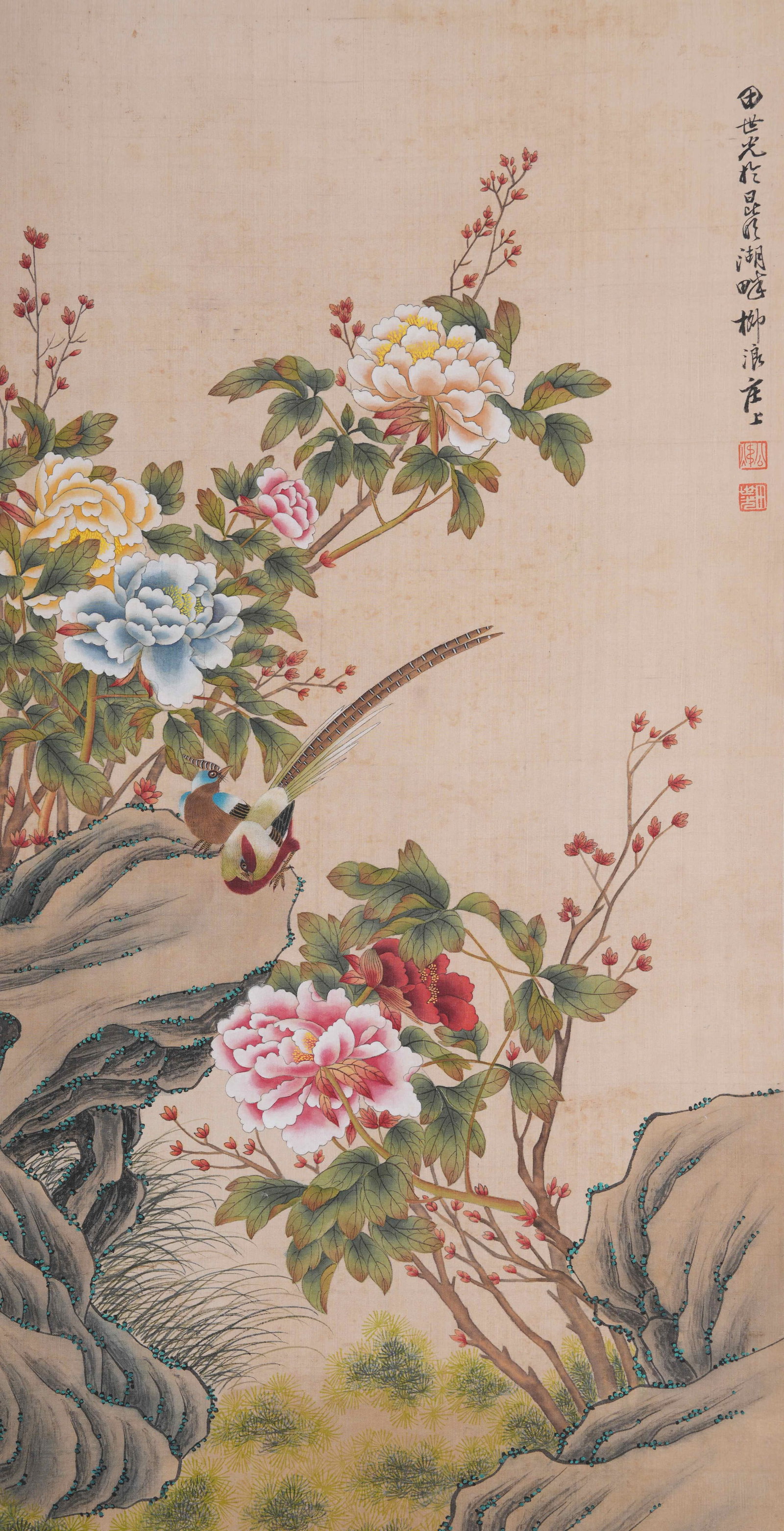 A FLOWER AND BIRD PAINTING ON SILK BY TIAN SHIGUANG.田世光: Flower and Bird Painting on Silk by Tian Shiguang.田世光