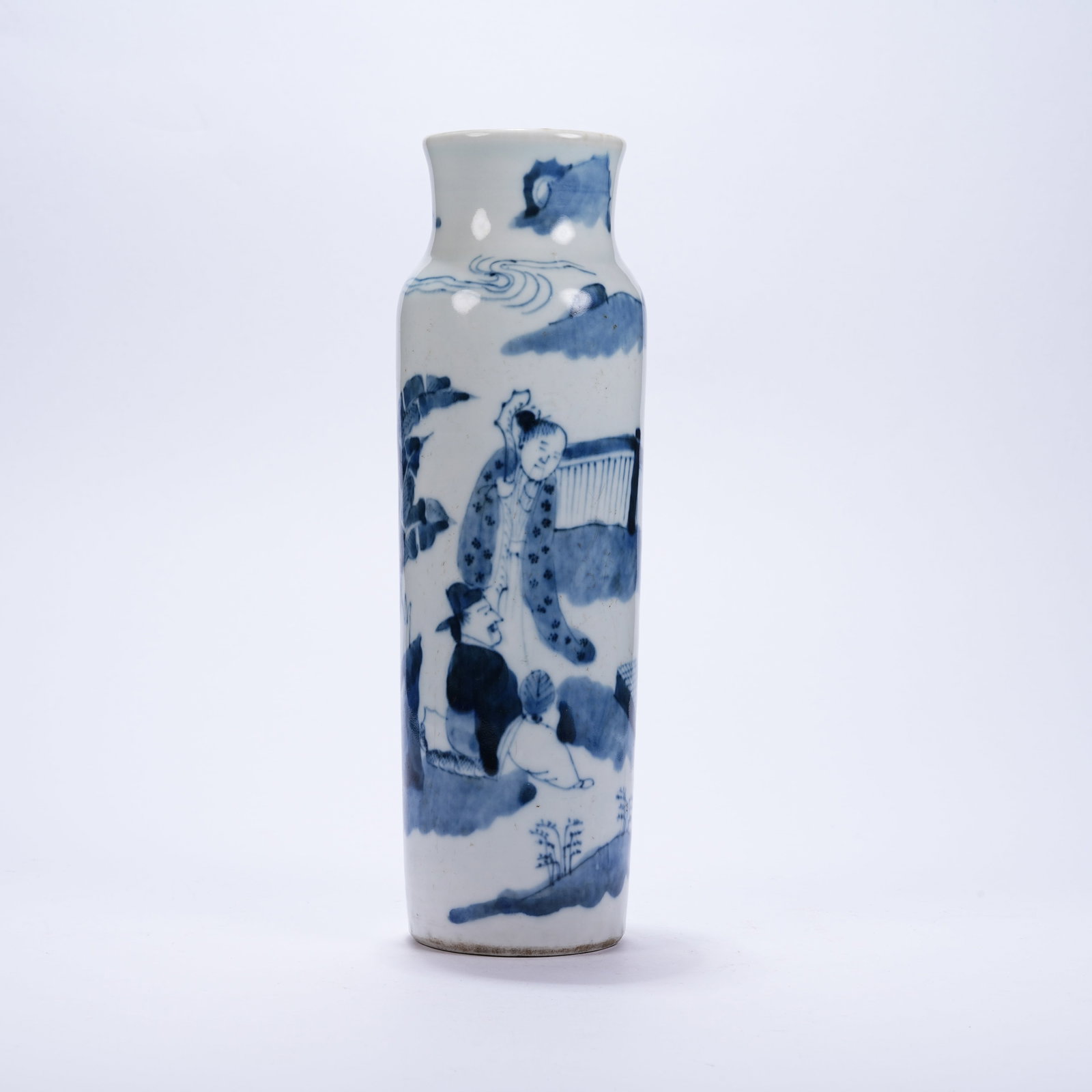A BLUE AND WHITE CYLINDRICAL VASE WITH FIGURE STORY MOTIFS (1 of 11)