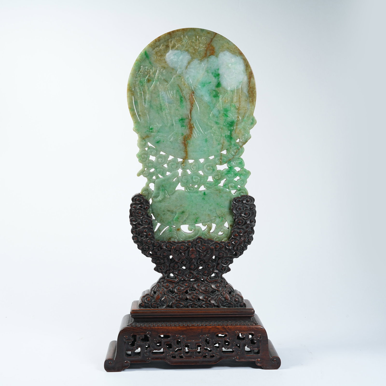 A JADEITE SCREEN WITH COURT LADY IN COURTYARD SCENE: Jadeite Screen with Court Lady in Courtyard Scene