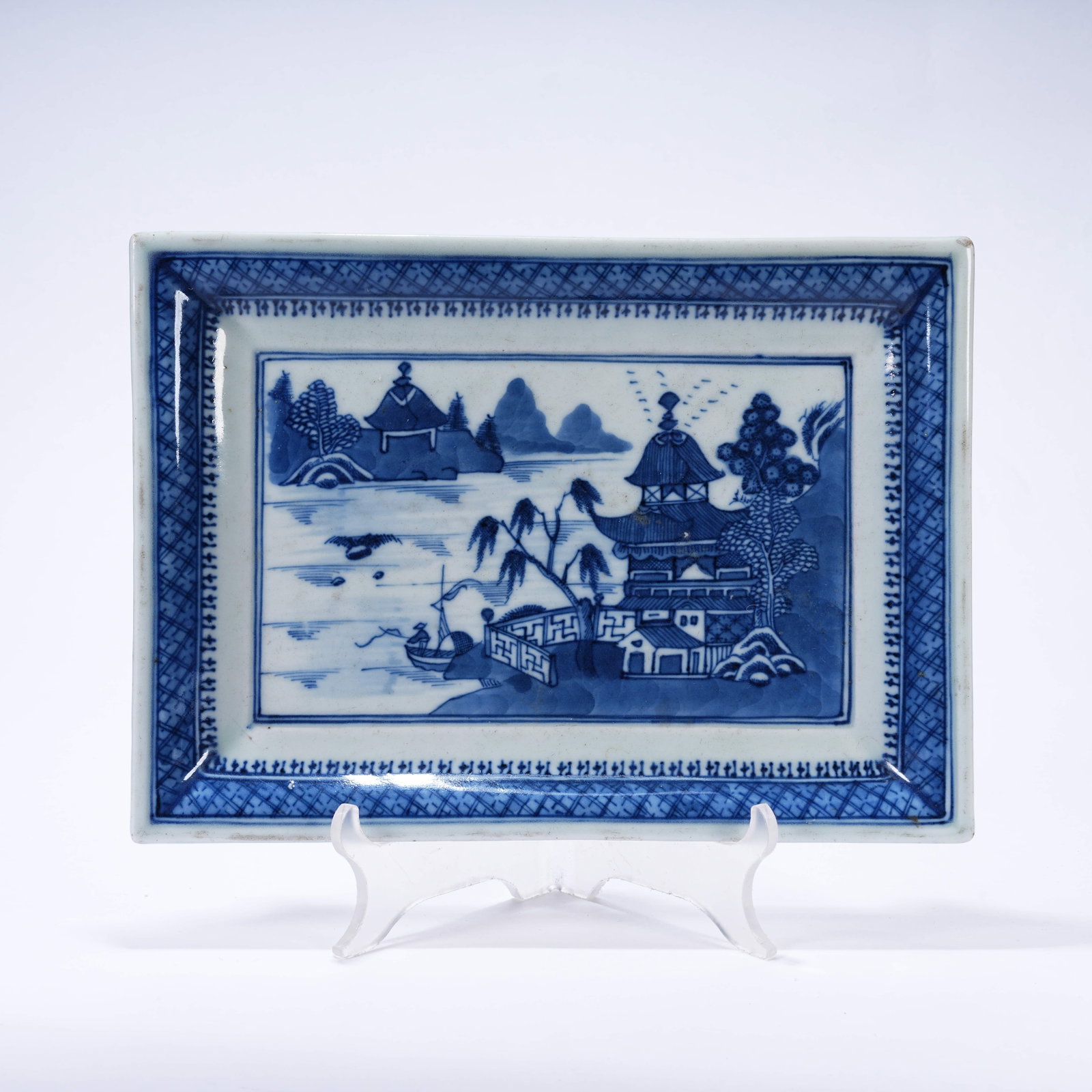 A BLUE AND WHITE SCHOLAR'S TRAY WITH LANDSCAPE AND FIGURE PATTERNS: Blue and White Scholar's Tray with Landscape and Figure Patterns