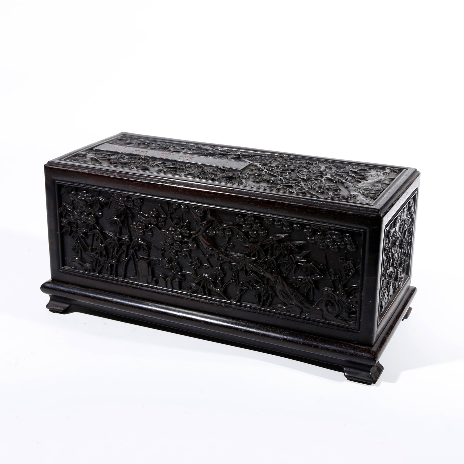 A PINE PATTERN COVERED BOX IN RED SANDALWOOD CARVING (1 of 11)